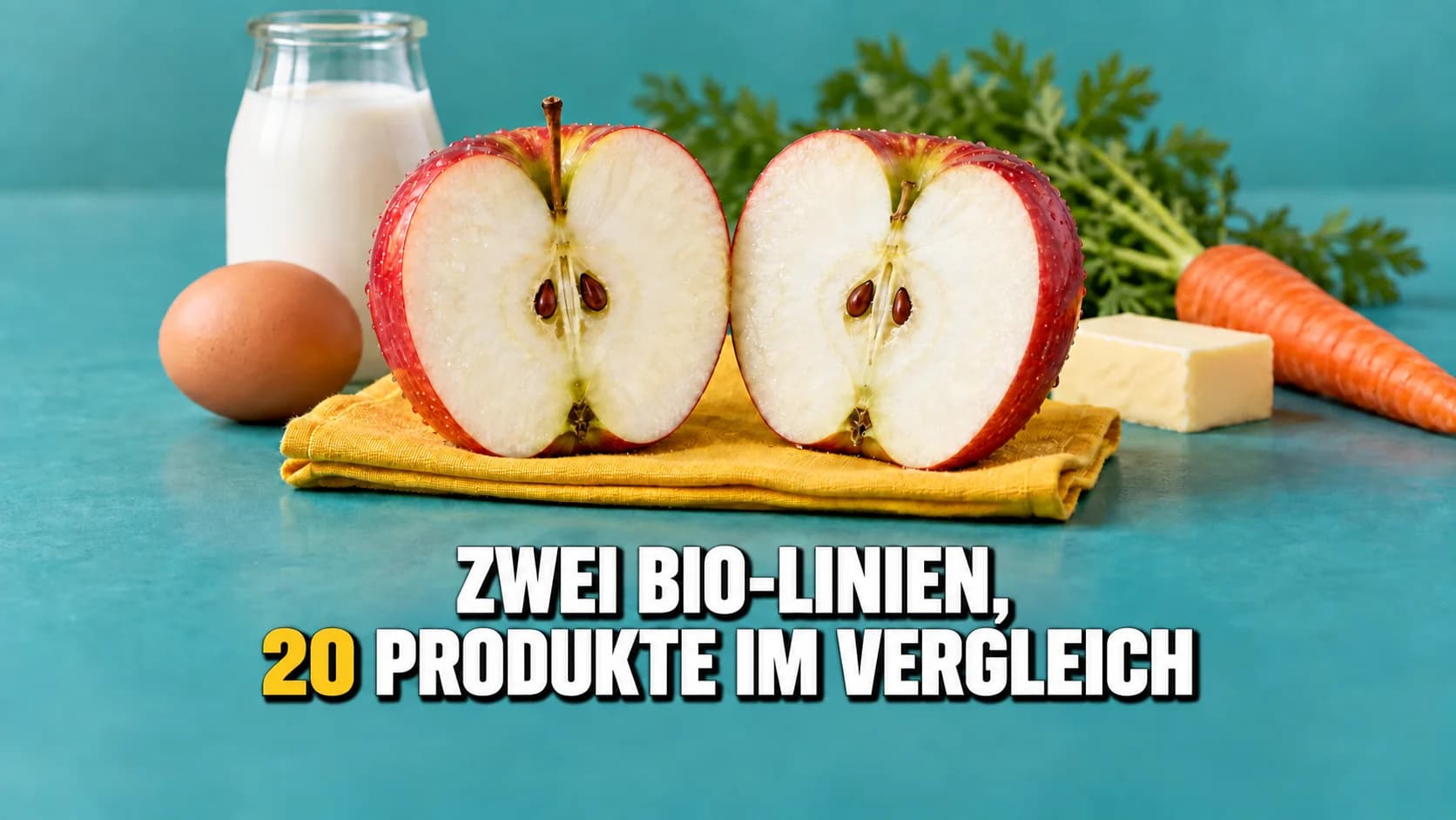 Zwei Apfelhälften auf gelbem Tuch mit Lebensmitteln im Hintergrund.