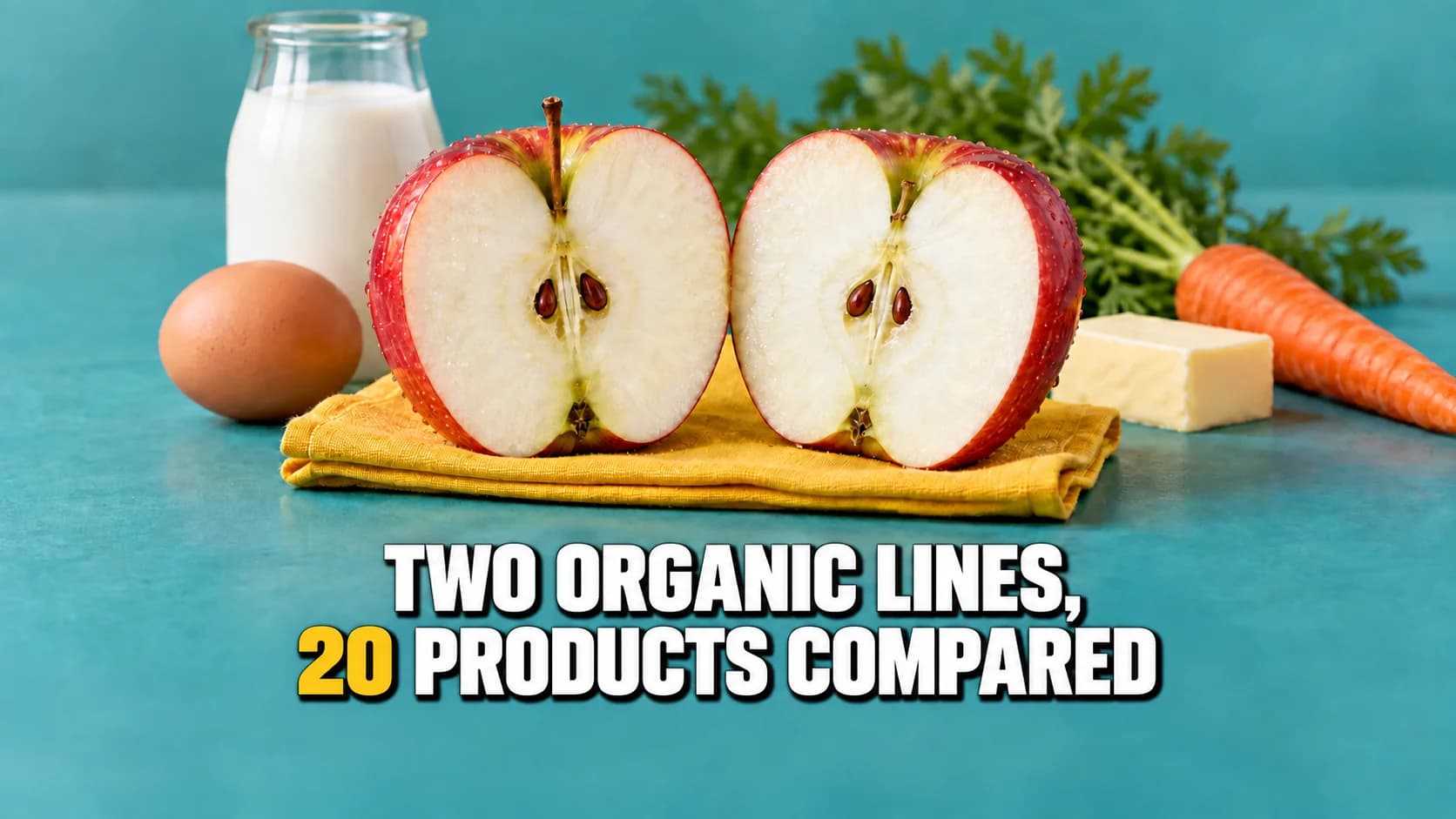 Two apple halves on a yellow cloth with groceries in the background.