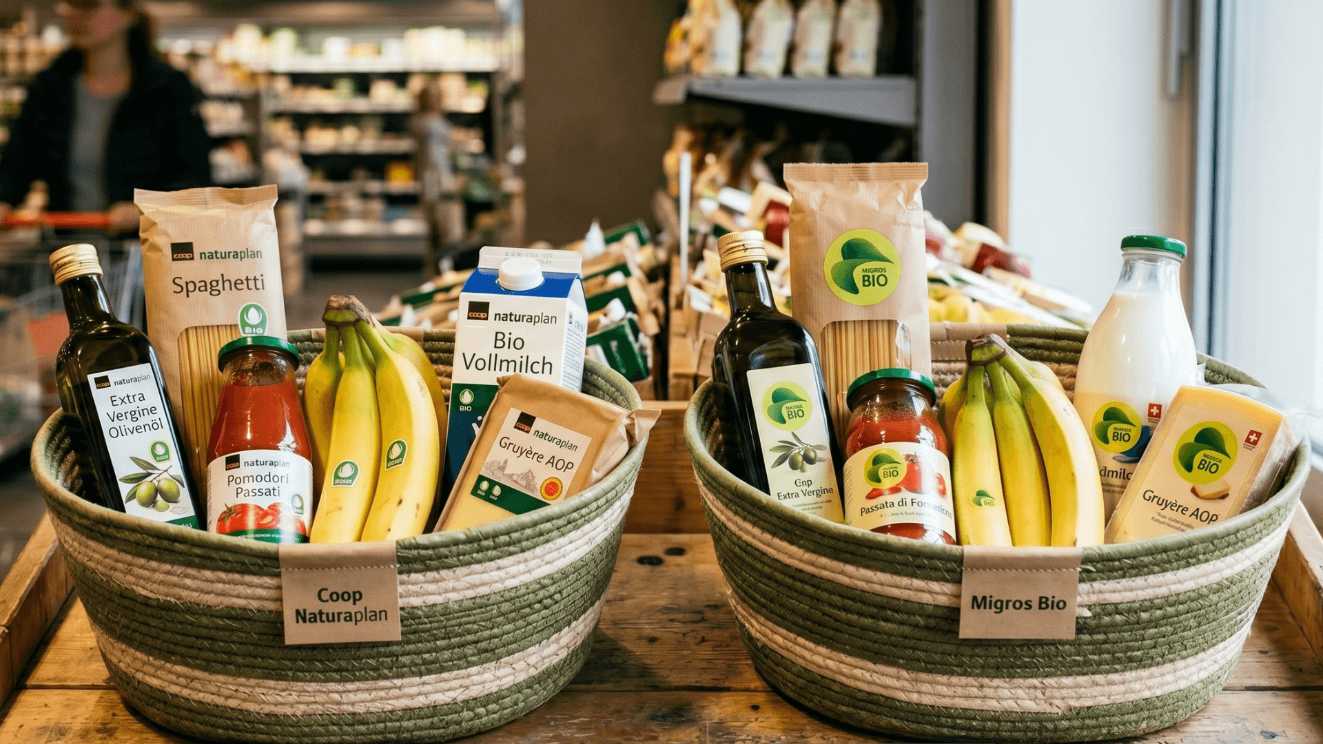 Coop Naturaplan and Migros Bio products side by side with the Bio Suisse Knospe label visible