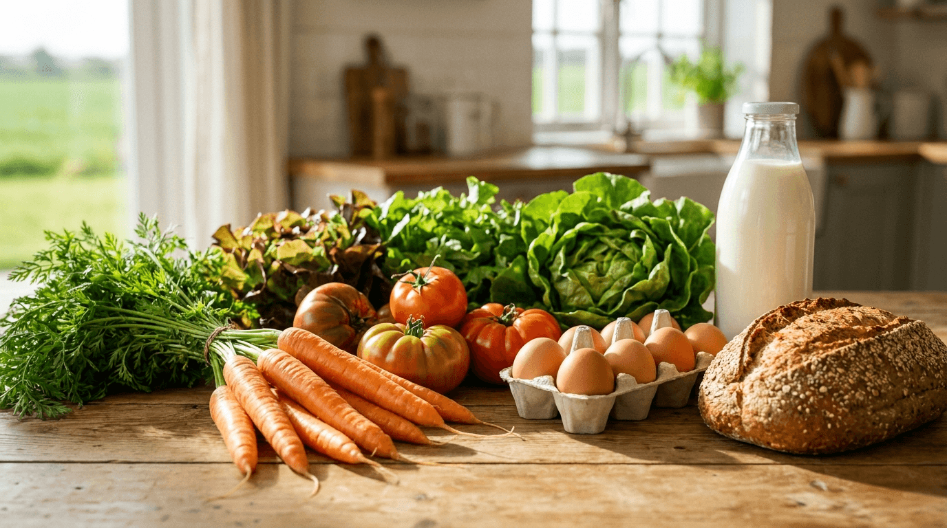 Fresh Swiss organic produce: vegetables, eggs and bread on a wooden table