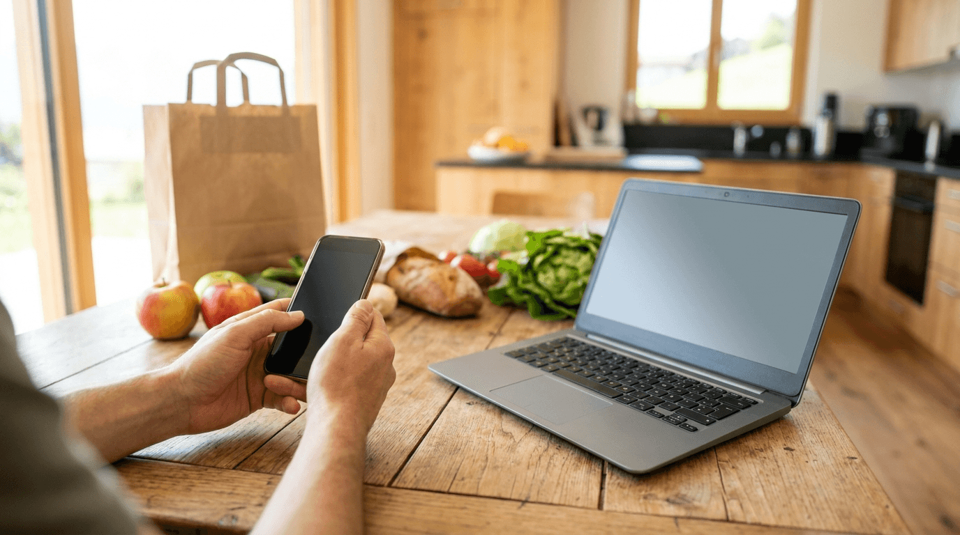 Online grocery shopping in Switzerland: a smartphone over a kitchen table with fresh groceries