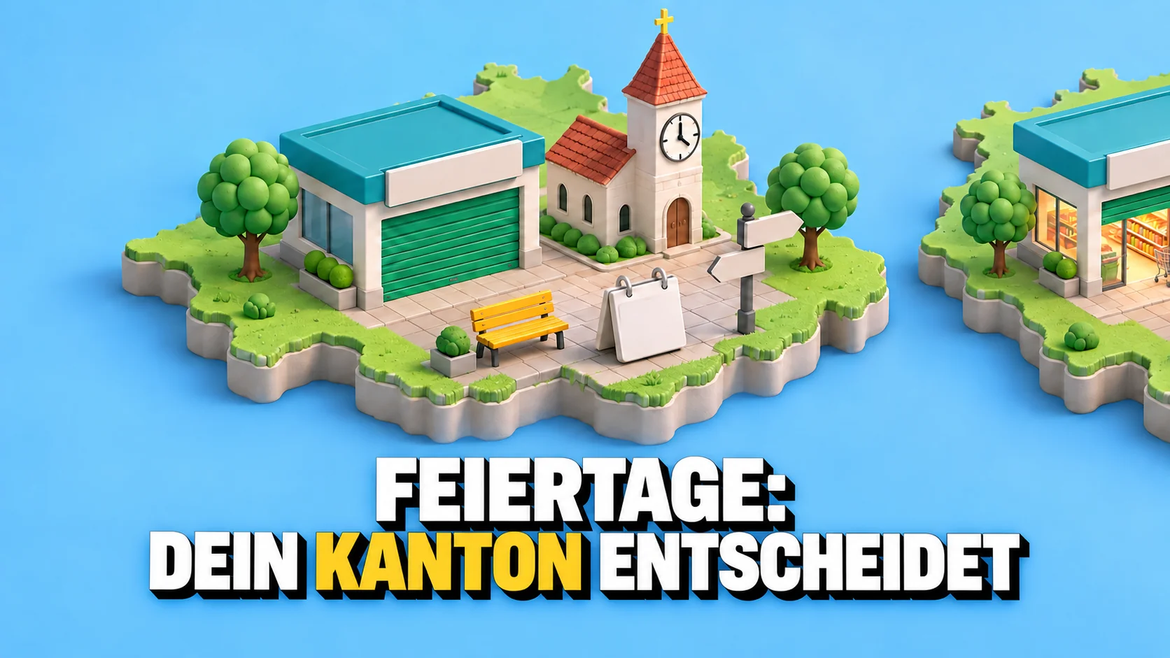 Knet-Diorama eines Platzes mit geschlossenem Supermarkt und gelber Bank.