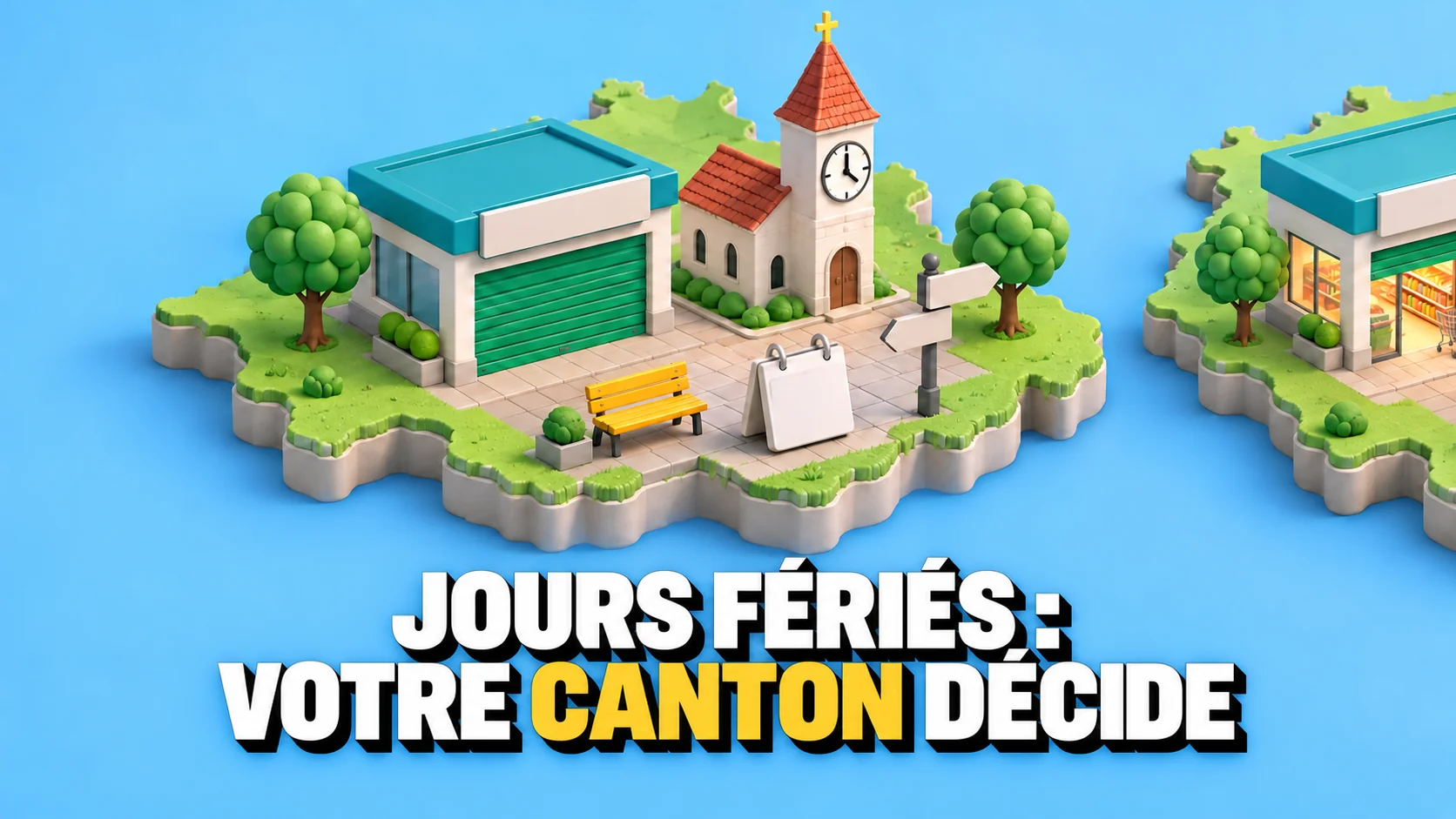 Diorama en pâte à modeler d'une place avec supermarché fermé et banc jaune.
