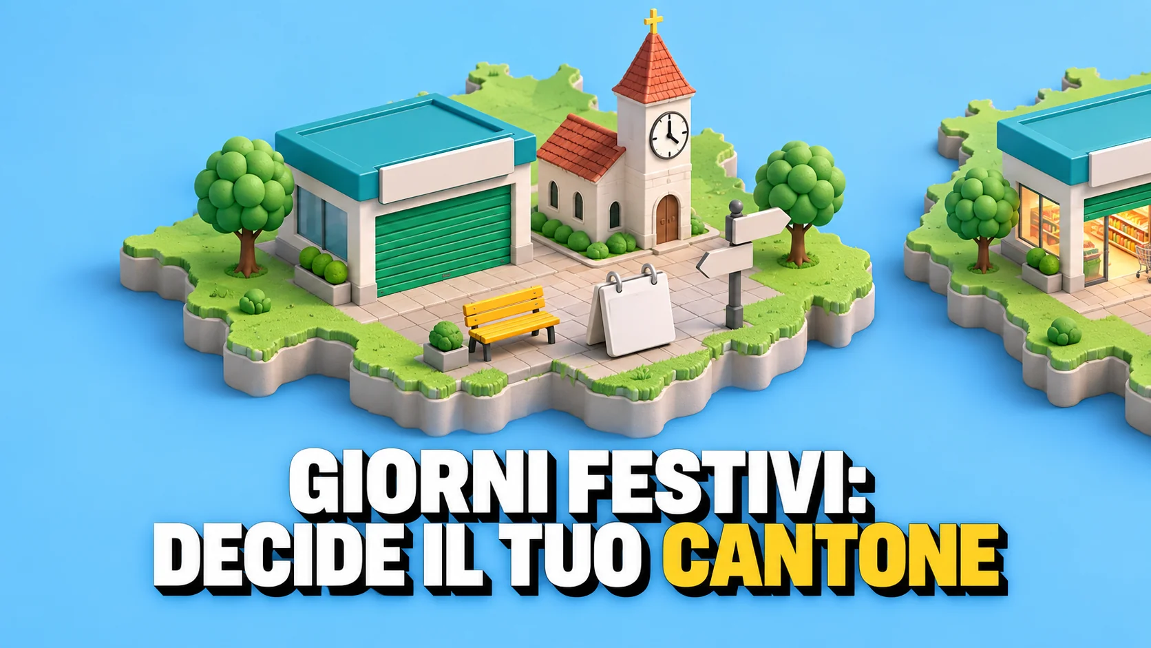 Diorama isometrico in plastilina: una piazza su una piastrella ritagliata come un confine cantonale, con il supermercato a saracinesca abbassata e una panchina gialla