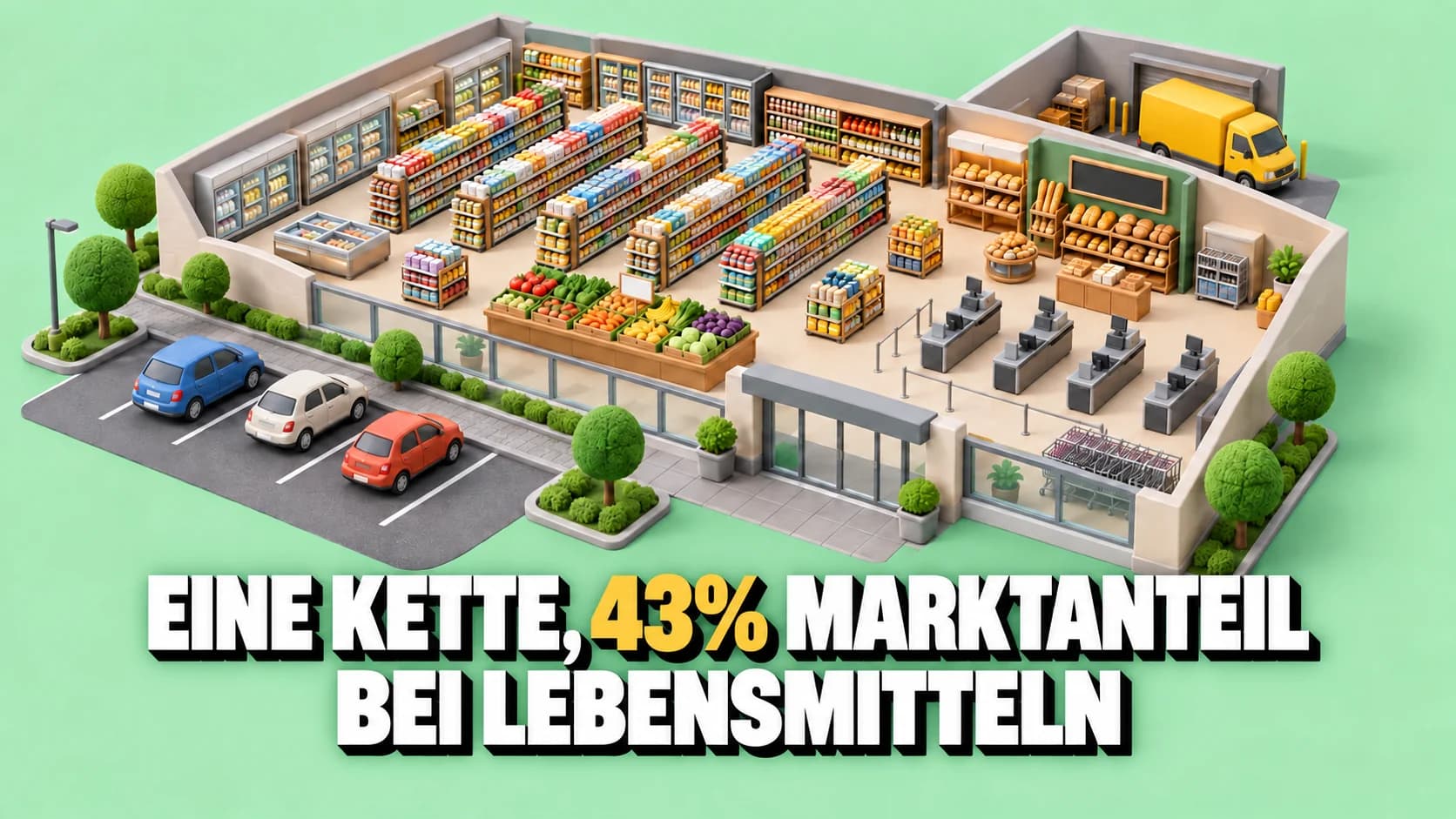 Offenes Supermarkt-Knetmodell mit Gängen, Kassen und gelbem Lieferwagen.