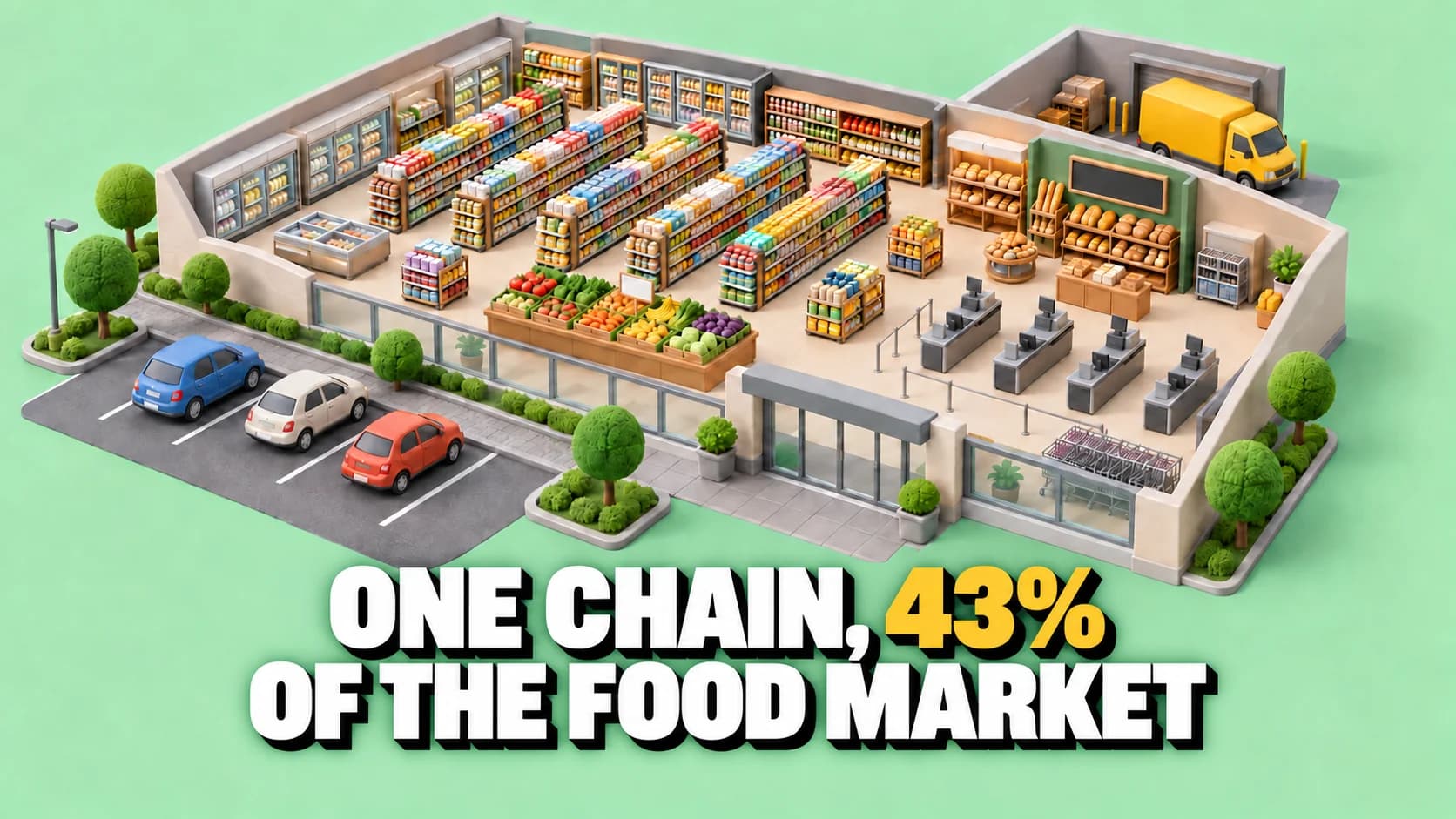 Open clay supermarket model with aisles, checkouts and a yellow delivery van.