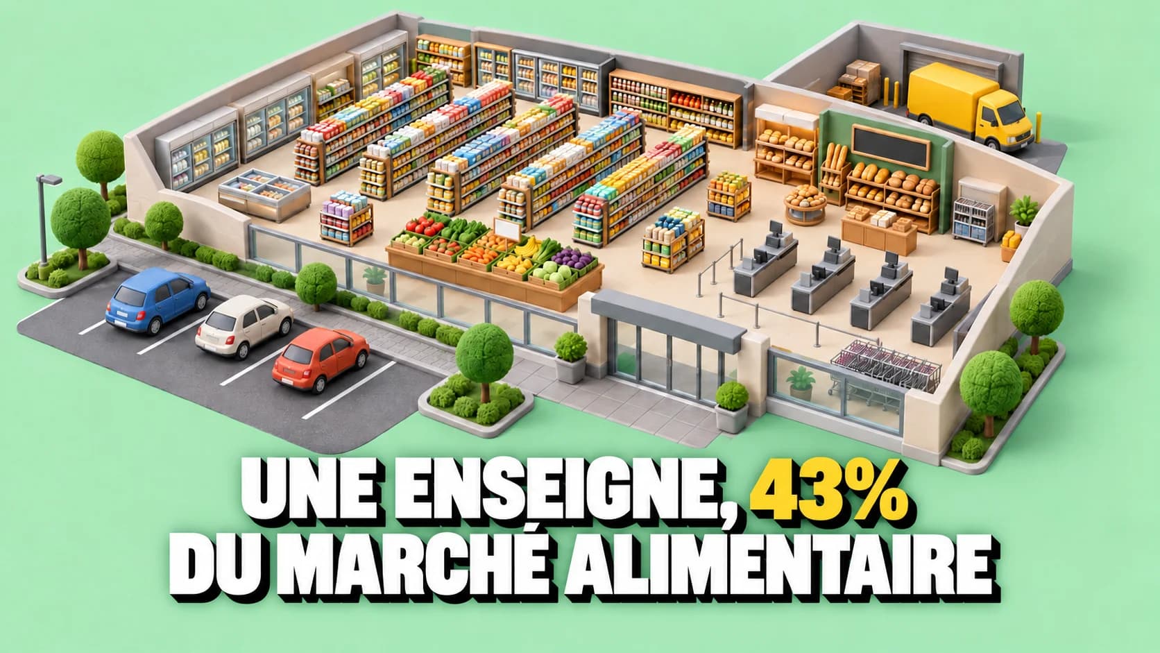 Supermarché en pâte à modeler ouvert, avec allées, caisses et camionnette jaune.