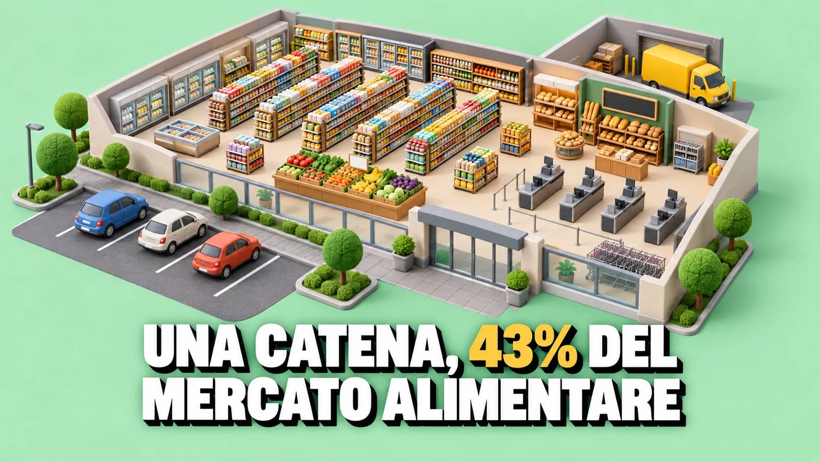 Diorama isometrico in plastilina di un supermercato aperto come una casa di bambole, con corsie, casse e un furgoncino giallo alla rampa di carico.