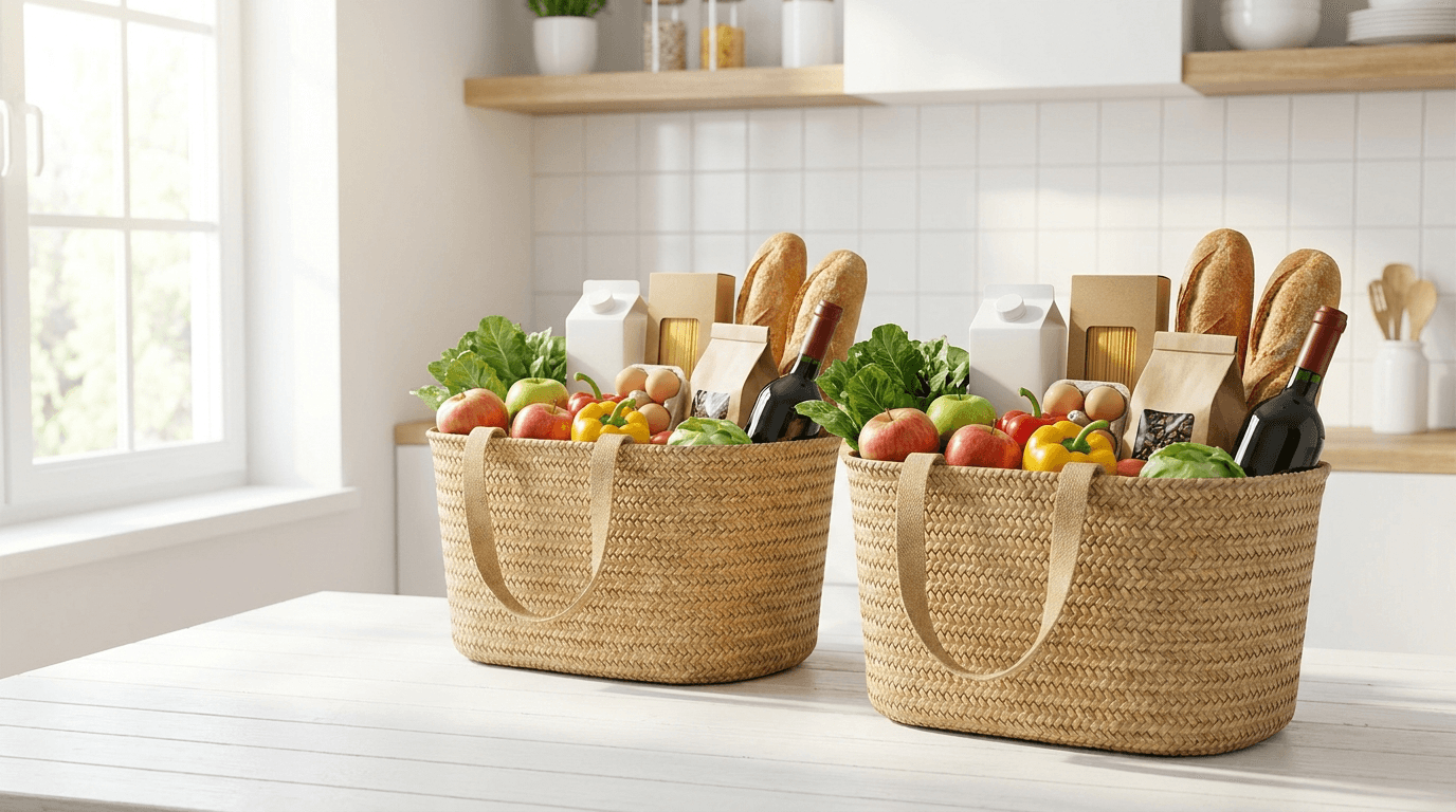 Coop vs Denner en Suisse : deux paniers de courses neutres remplis de produits frais côte à côte, comparés par catégorie