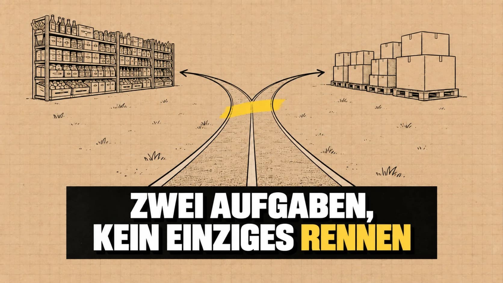 Tintenzeichnung auf Kraftpapier: zwei Bahnen führen zu Regal und Palettengang.