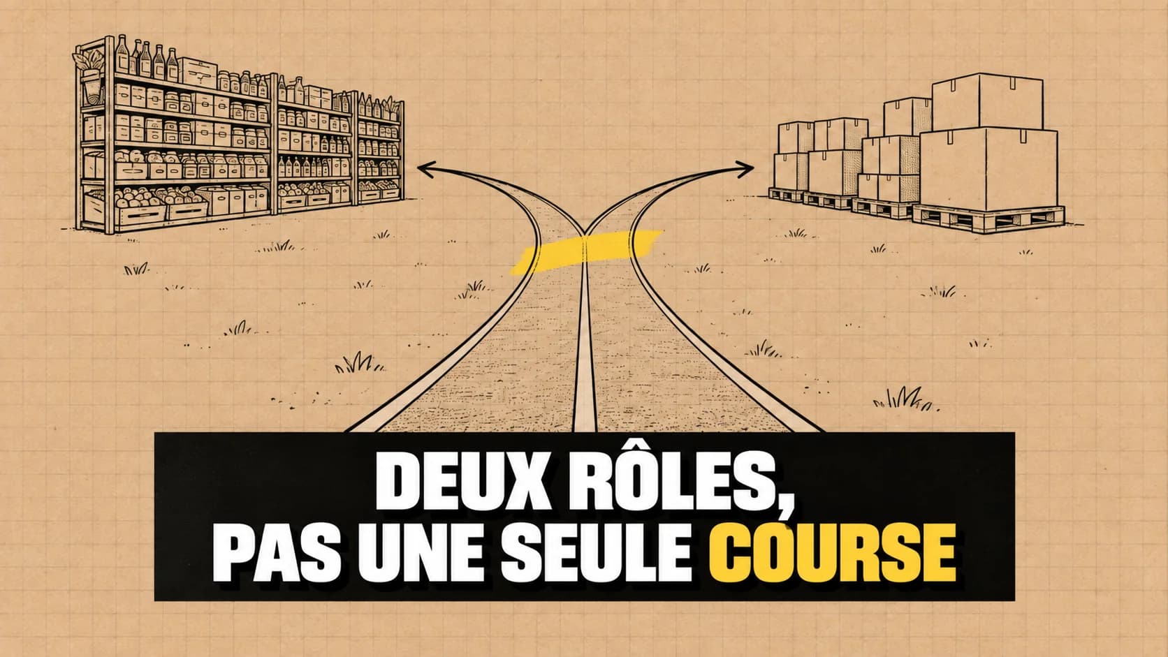 Dessin à l’encre sur kraft : deux pistes mènent à une étagère et à une allée de palettes.