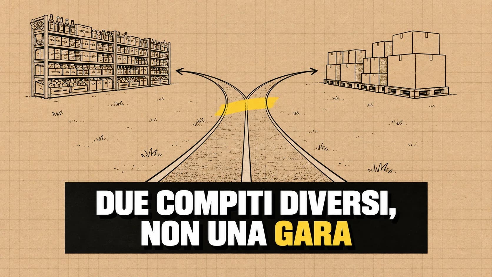 Disegno a inchiostro su carta kraft: una pista a due corsie si divide e porta a due luoghi diversi, uno scaffale pieno e una corsia di pallet.