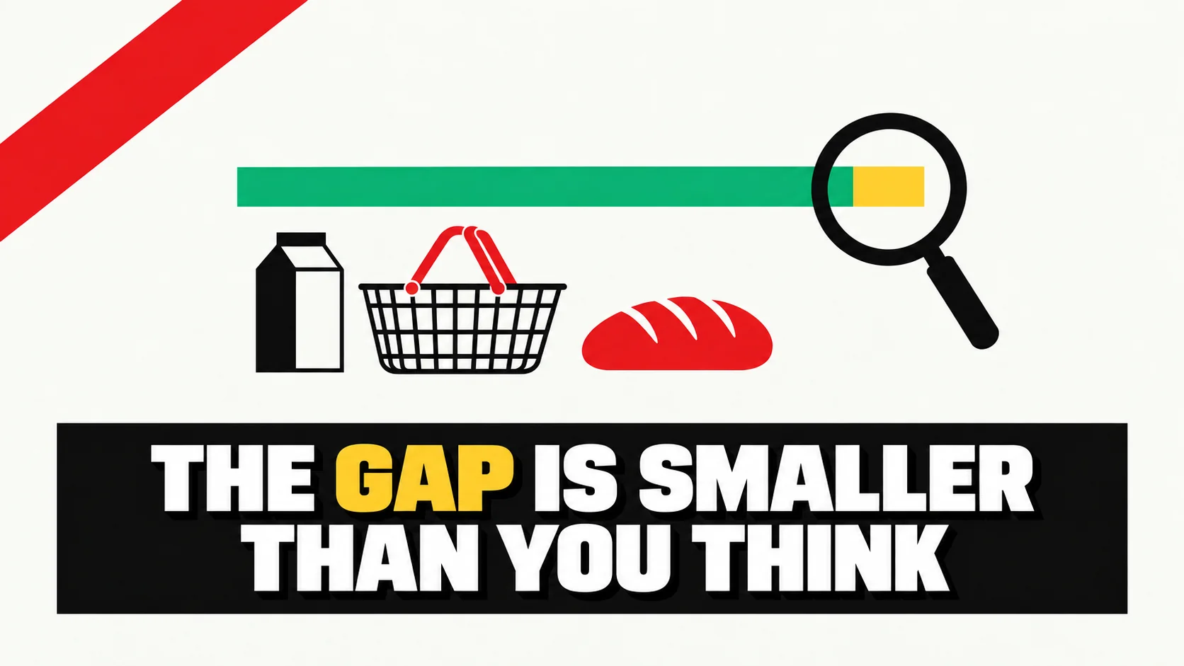 A flat graphic layout with one long green bar ending in a short yellow segment under a magnifier