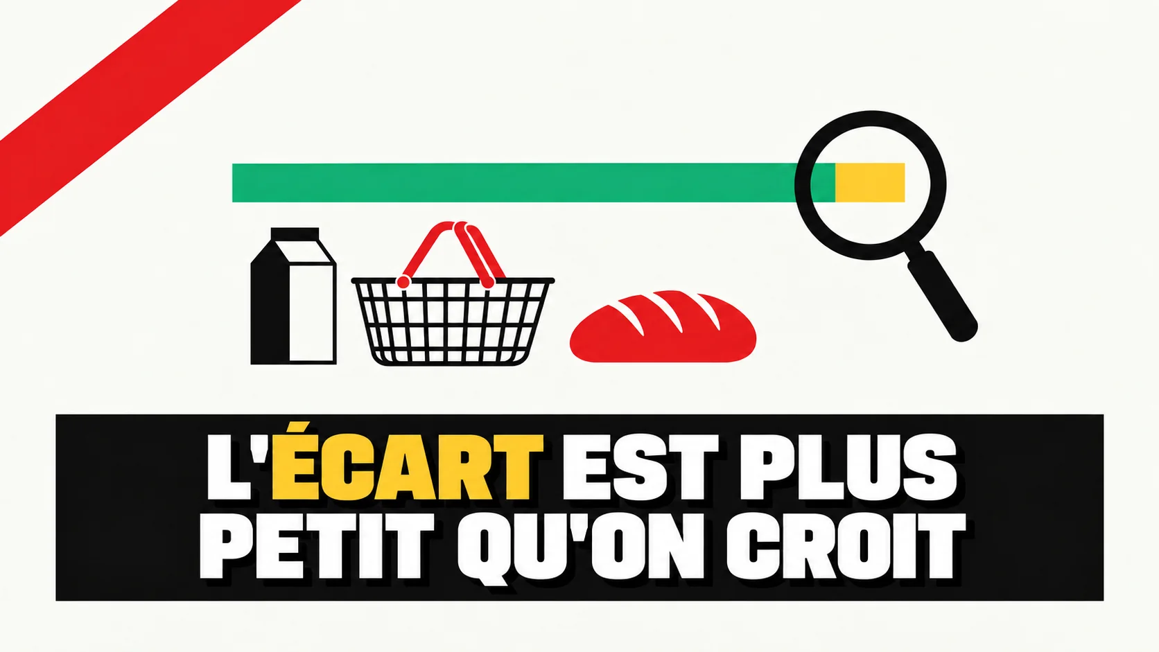 Composition graphique plate : une longue barre verte se terminant par un court segment jaune sous une loupe