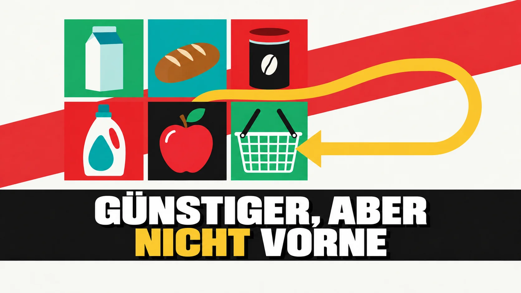 Flache Grafik mit Alltagsprodukten in einem Raster und einem gelben Pfeil, der zurückführt.
