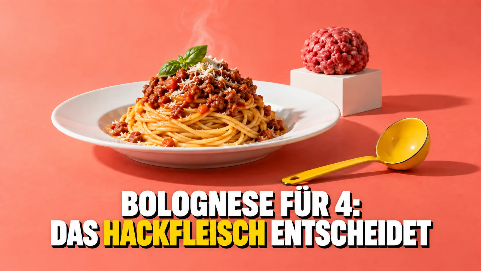 Stillleben auf korallenrotem Grund: ein weisser Teller mit einem Spaghettinest mit Ragout und dahinter eine Kugel rohes Hackfleisch auf einem Sockel.
