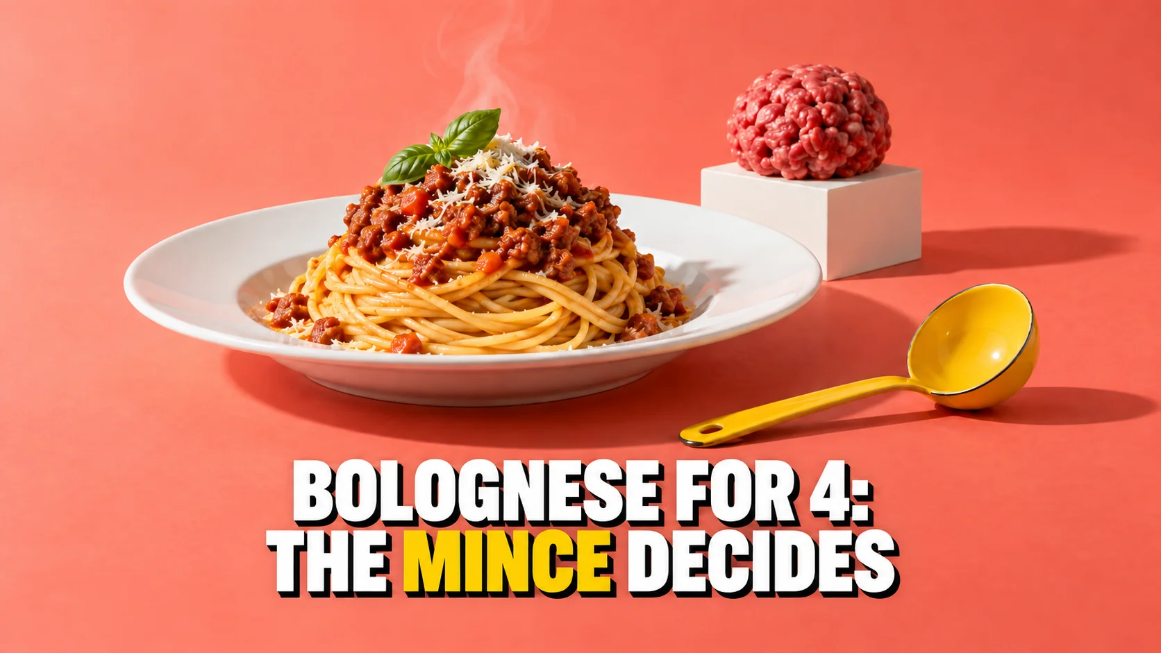 Still life on a coral ground: a white plate with a nest of spaghetti and ragu, and behind it a ball of raw mince on a small plinth.