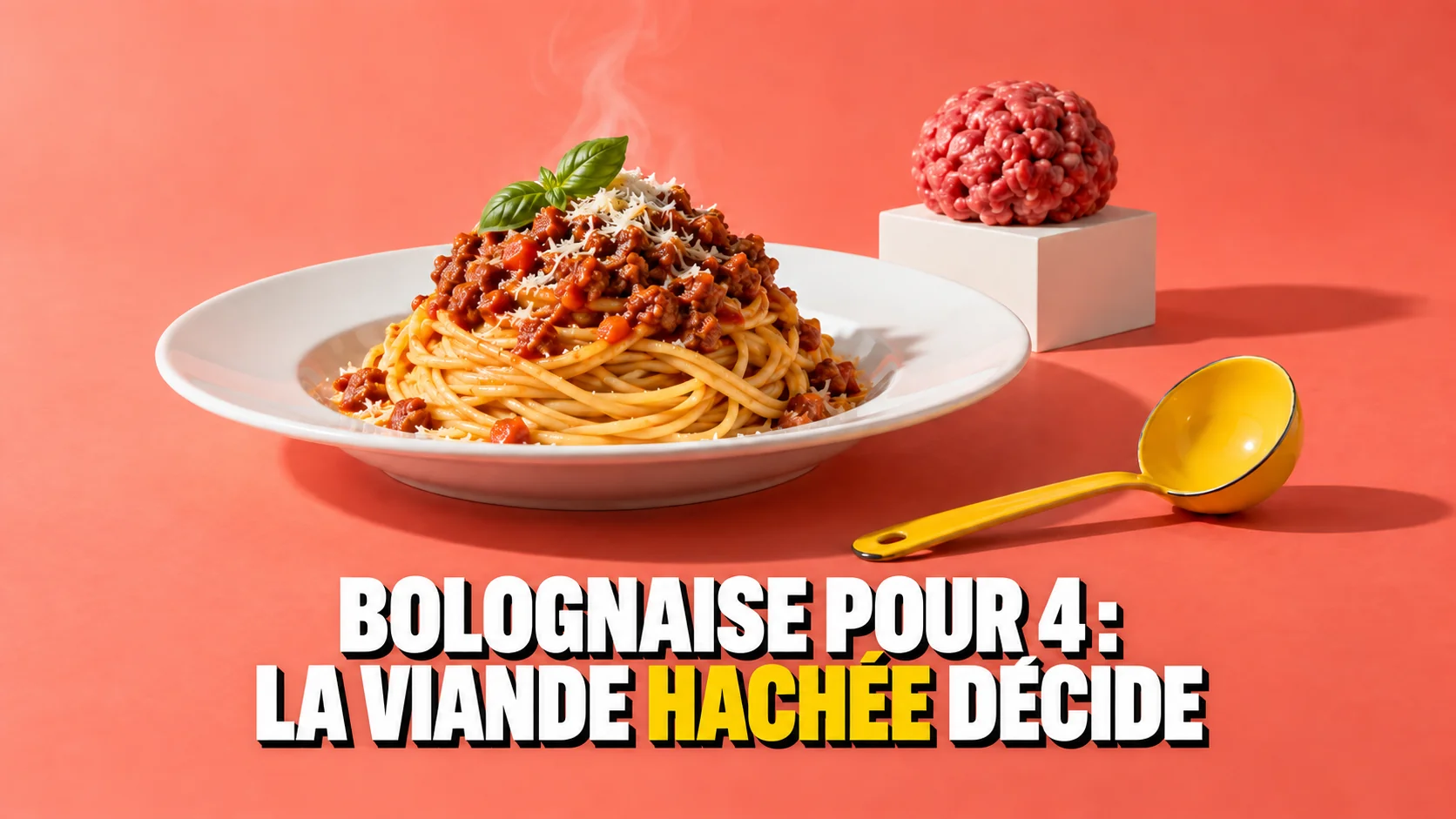 Nature morte sur fond corail : une assiette blanche où repose un nid de spaghetti à la bolognaise et, derrière, une boule de viande hachée crue sur un socle.
