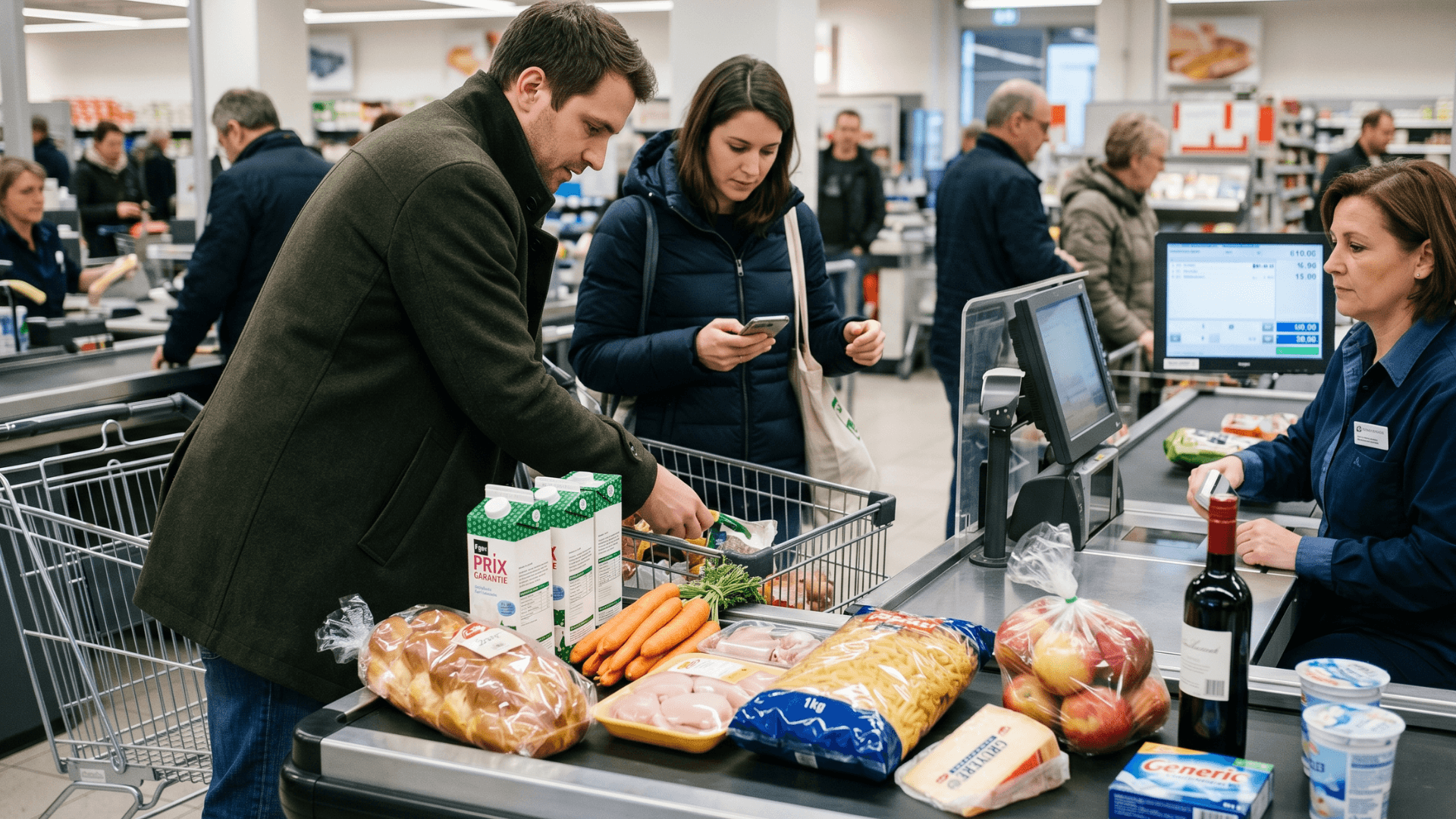 Couple suisse à la caisse — référence budget courses mensuel CHF 1'000