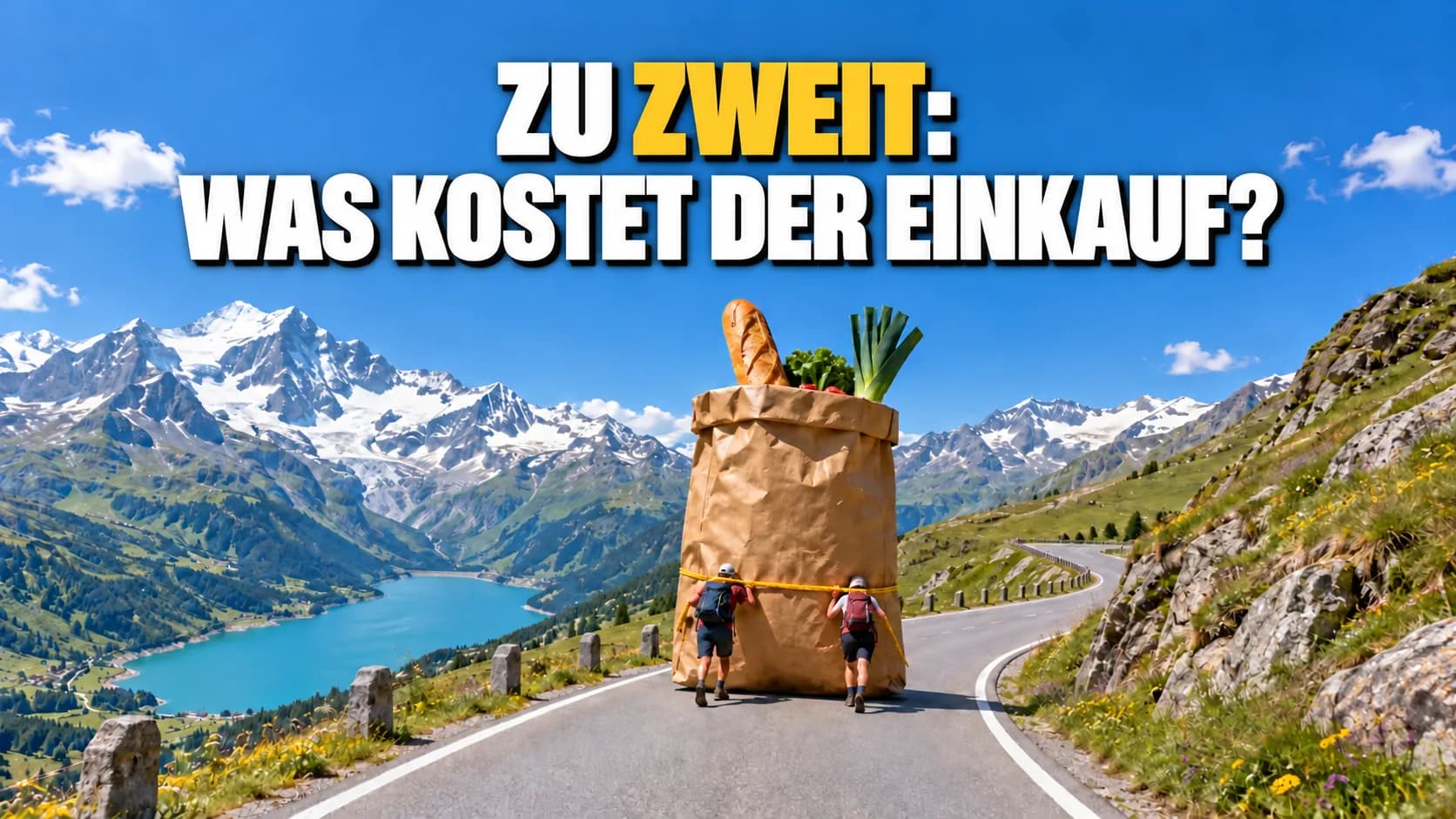 Zwei Wanderer schieben eine riesige Einkaufstüte auf einer alpinen Passstrasse.