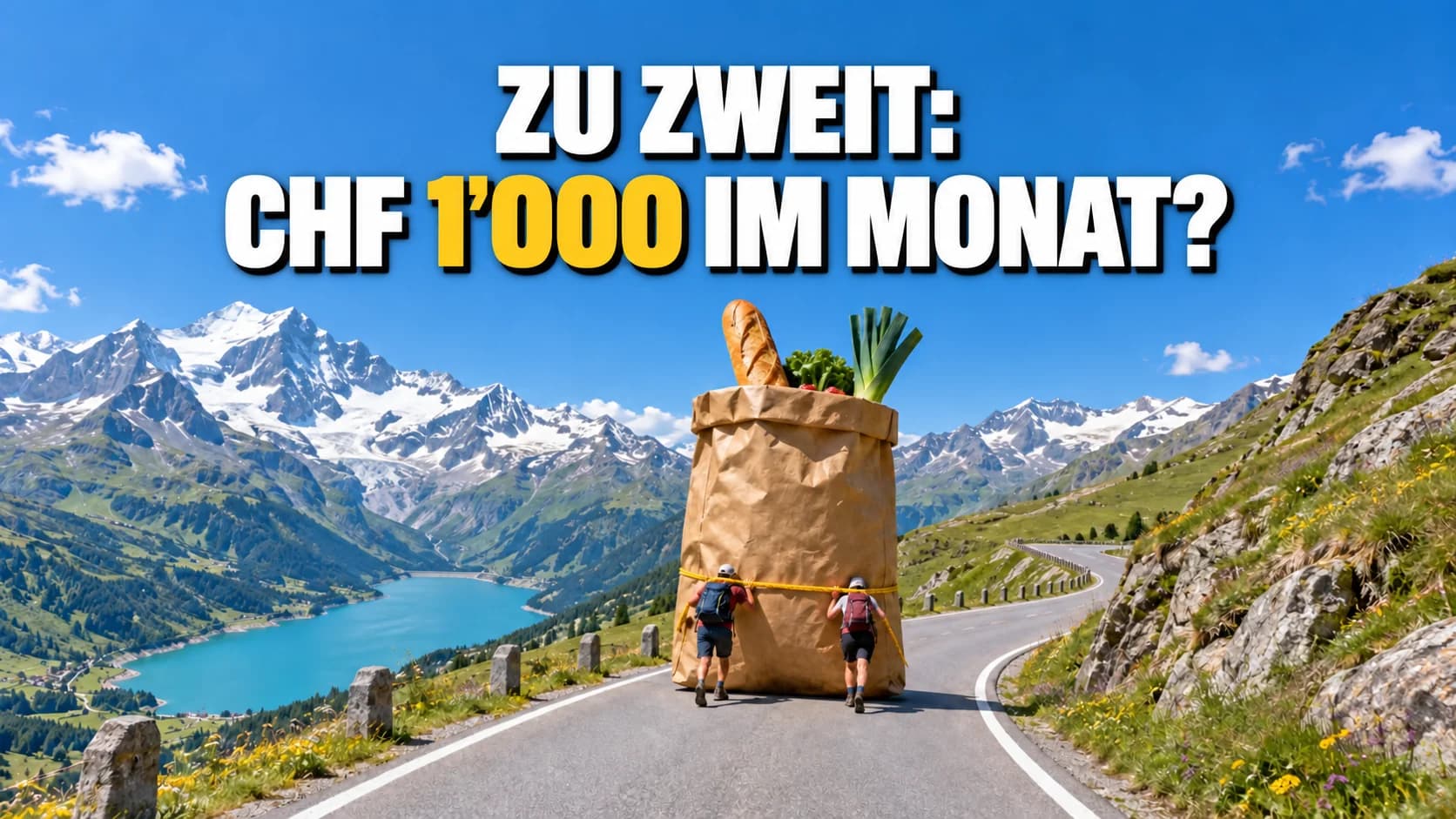 Zwei Wanderer schieben eine riesige Einkaufstüte auf einer alpinen Passstrasse.