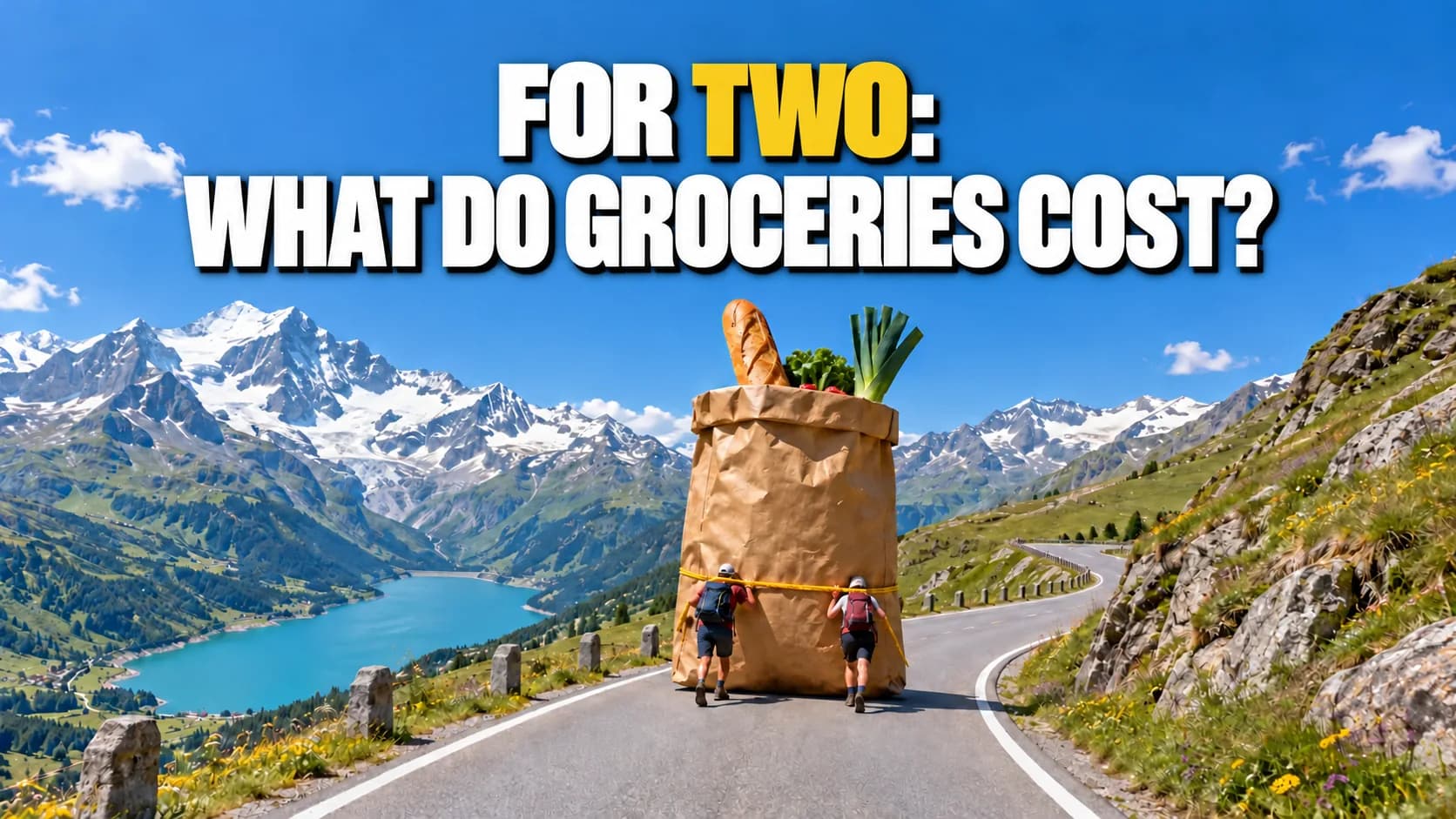 Two hikers push a giant grocery bag along an Alpine pass road.