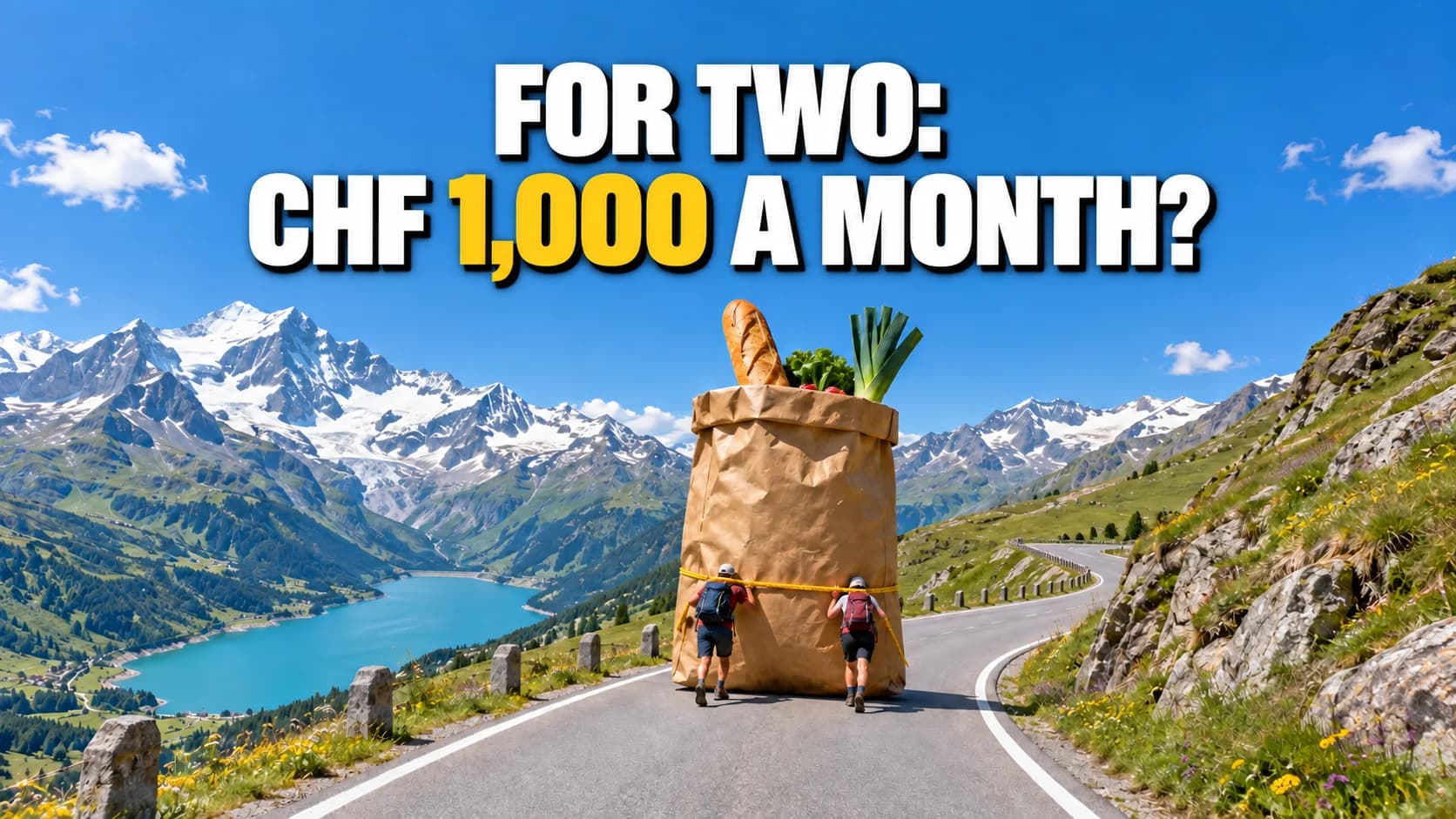 Two hikers push a giant grocery bag along an Alpine pass road.