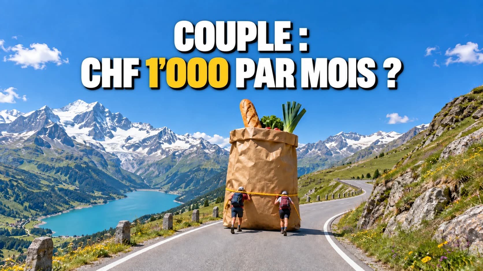 Deux randonneurs poussent un sac de courses géant sur une route de col alpin.