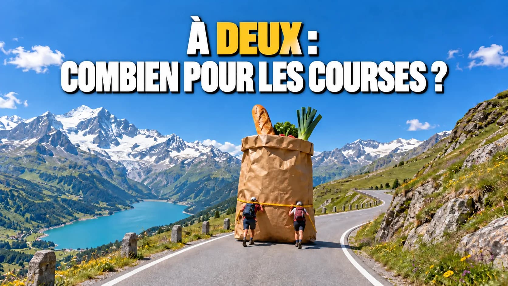 Deux randonneurs poussent un sac de courses géant sur une route de col alpin.