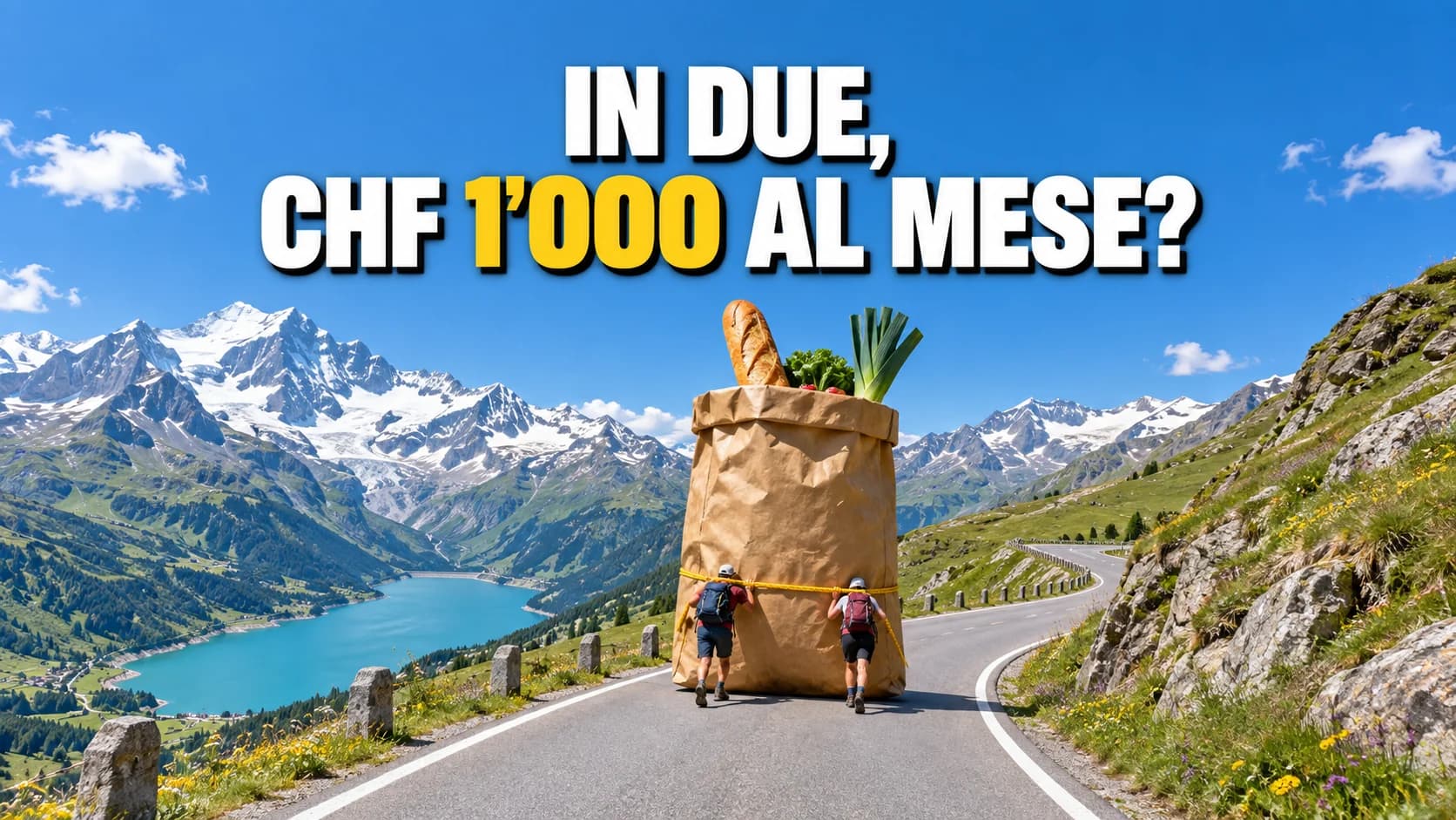 Paesaggio alpino con un sacchetto della spesa gigante su una strada di passo, spinto da due escursionisti visti di spalle.