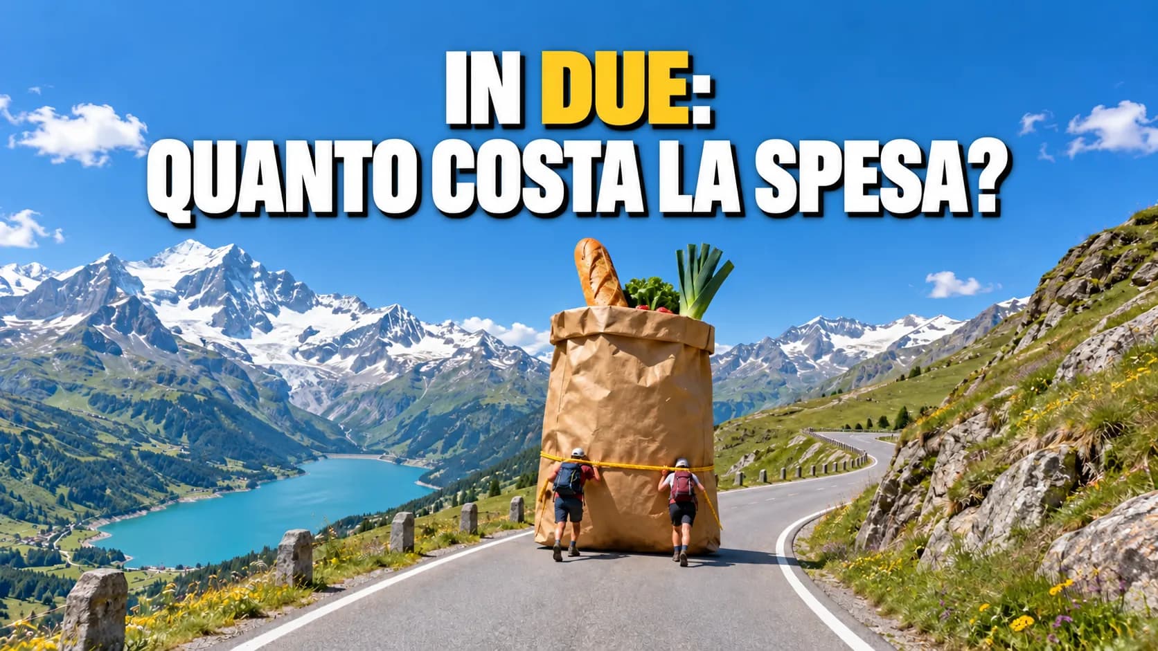 Paesaggio alpino con un sacchetto della spesa gigante su una strada di passo, spinto da due escursionisti visti di spalle.