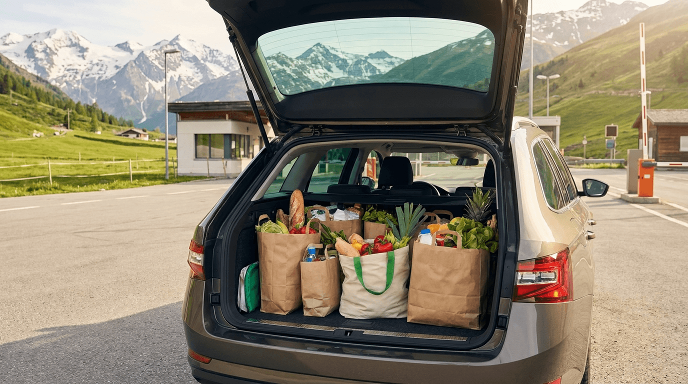 Carrello della spesa al confine Vorarlberg Svizzera, indicazione CHF 150 in franchigia