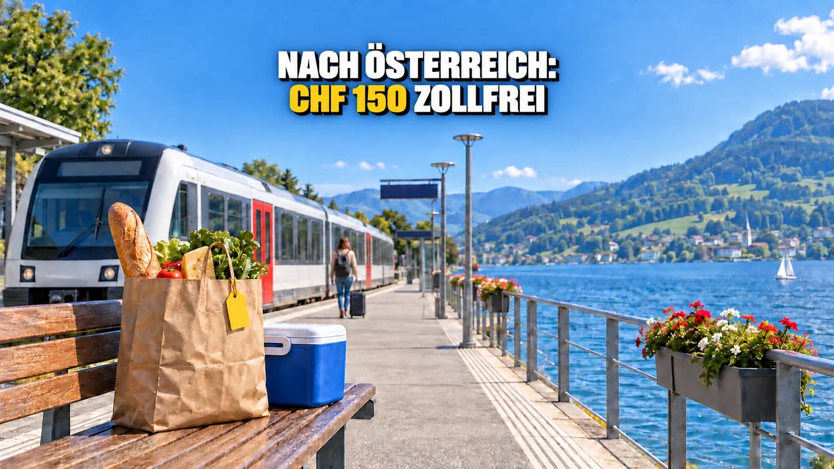 Einkaufstasche auf einer Bank an einem Bahnhof am See.