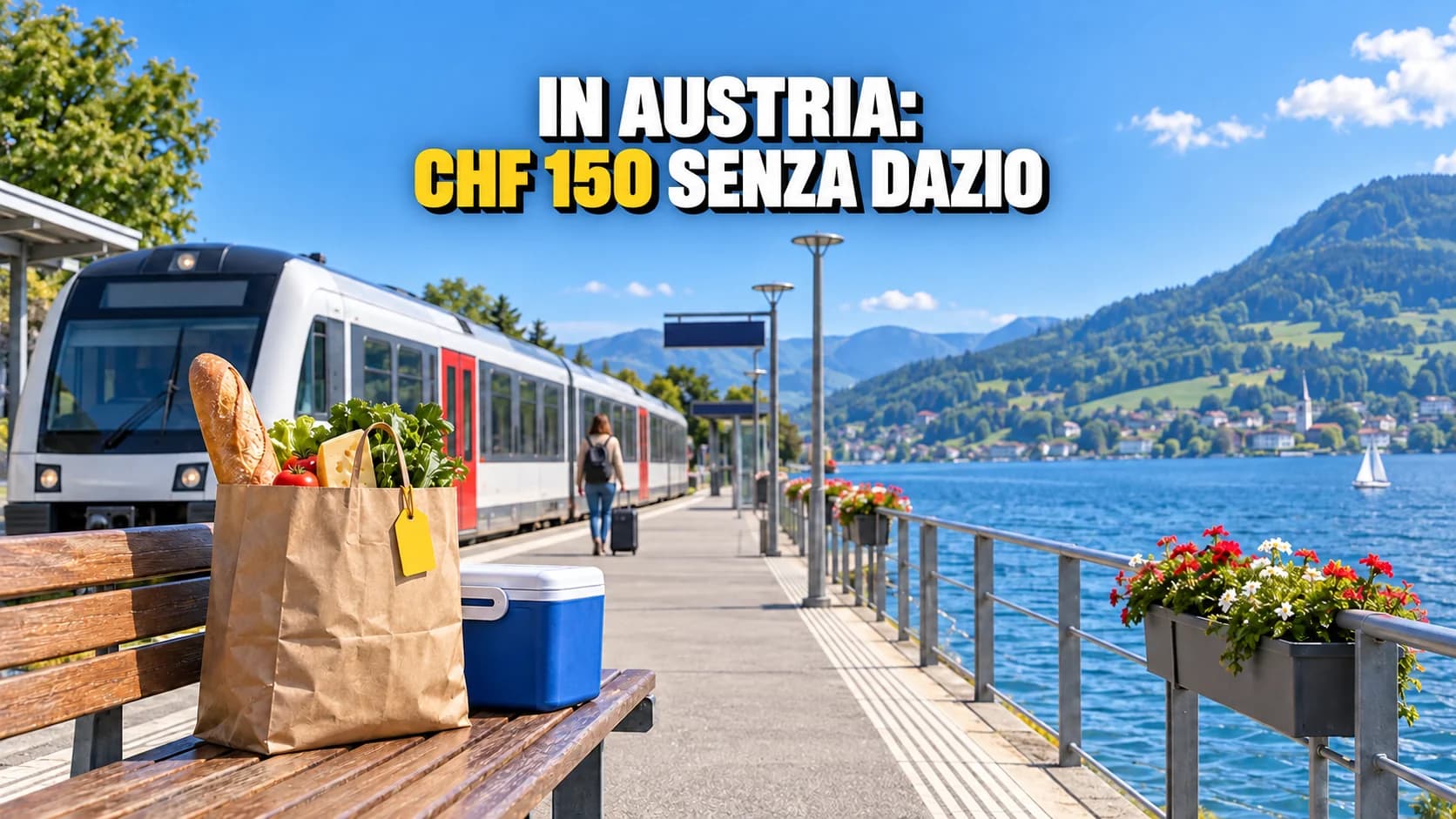 Borsa della spesa su una panchina in una stazione ferroviaria sul lago.