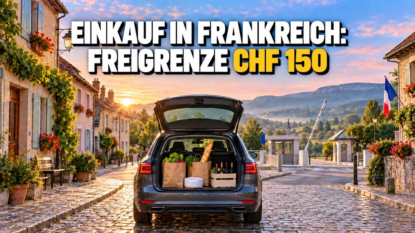 Grenzdorf im Morgenlicht mit Einkaufstüten im offenen Kofferraum und geöffneter Schranke.