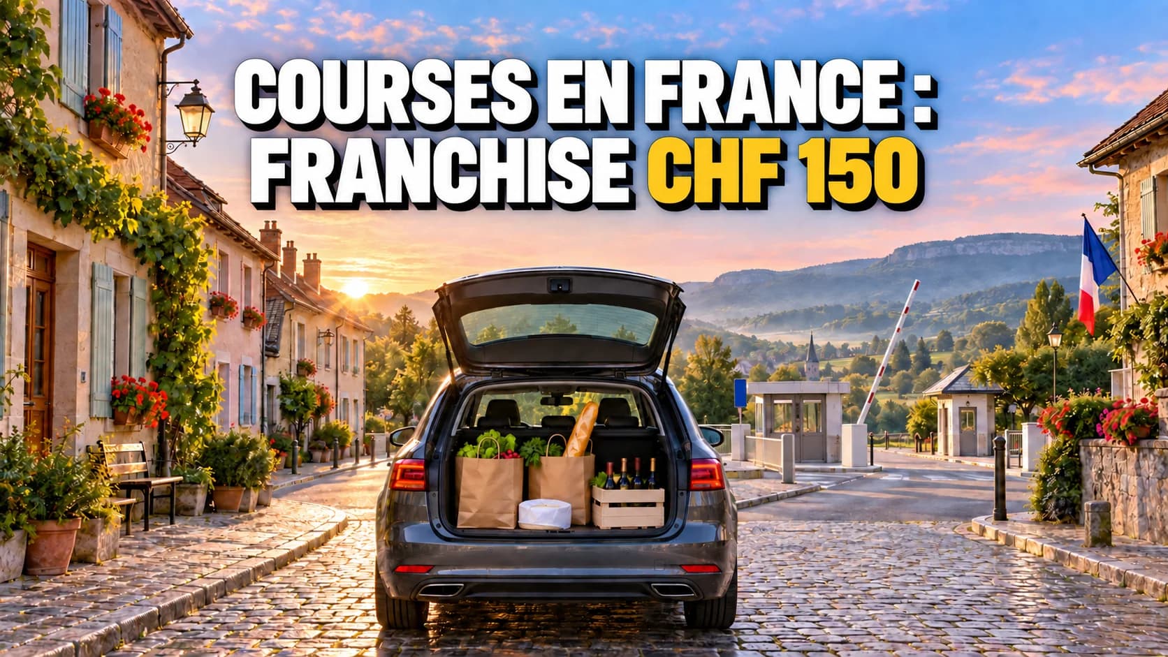 Village frontalier à l’aube, sacs de courses dans un coffre ouvert et barrière levée.