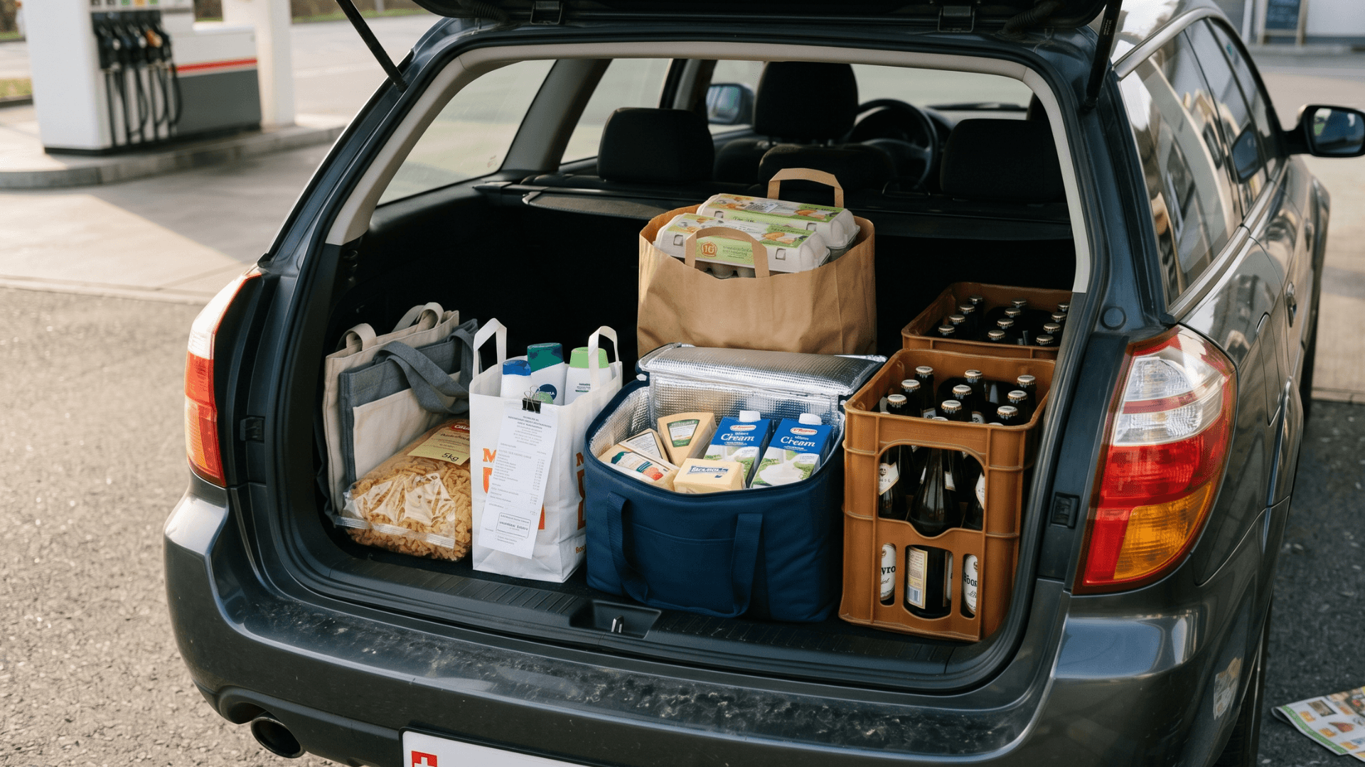 Shopping transfrontalier Allemagne Suisse — voiture suisse à la frontière avec sacs de courses