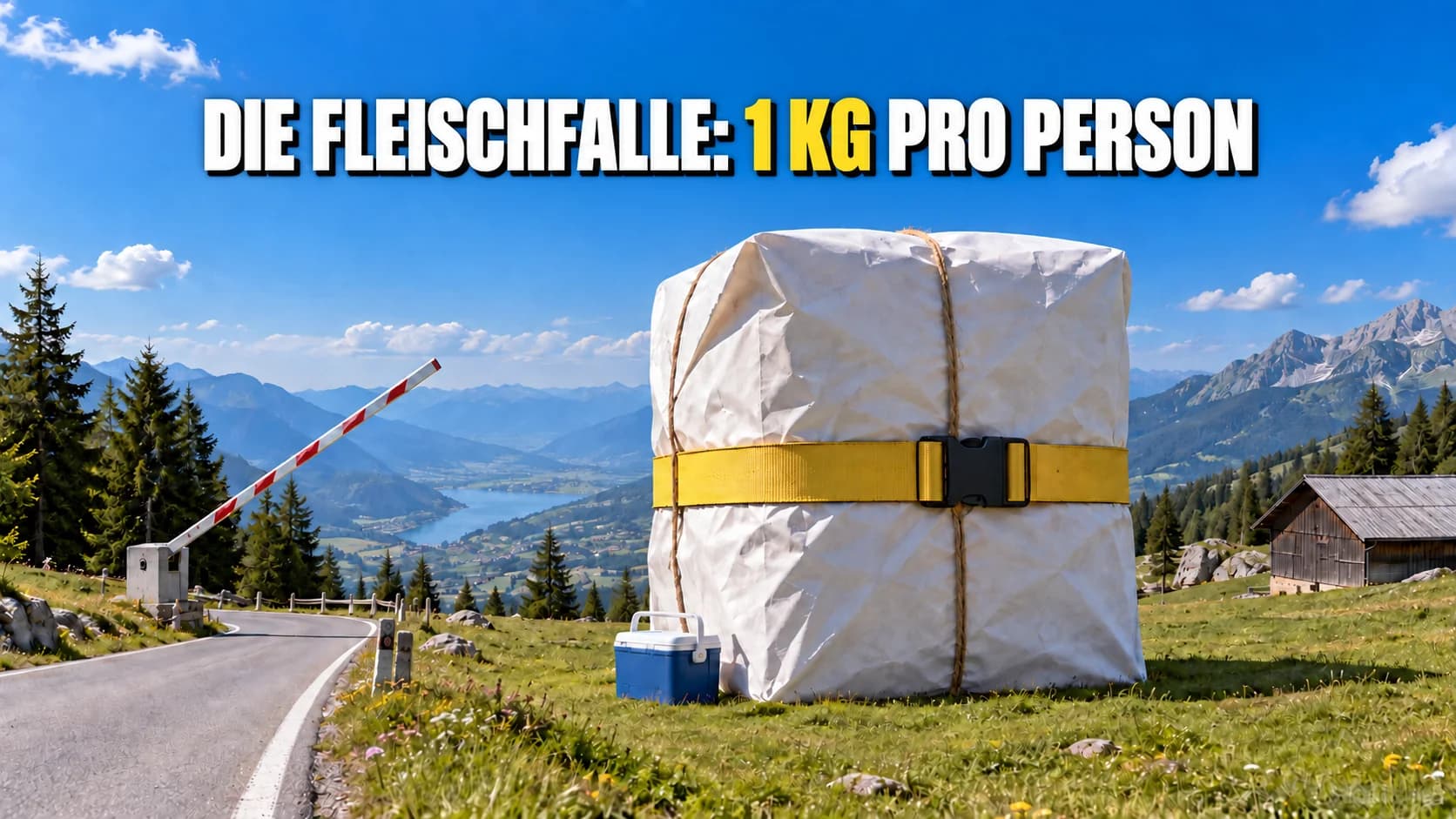Riesiges weisses Papierpaket mit gelbem Gurt auf einer Alpenwiese nahe einer offenen Schranke.