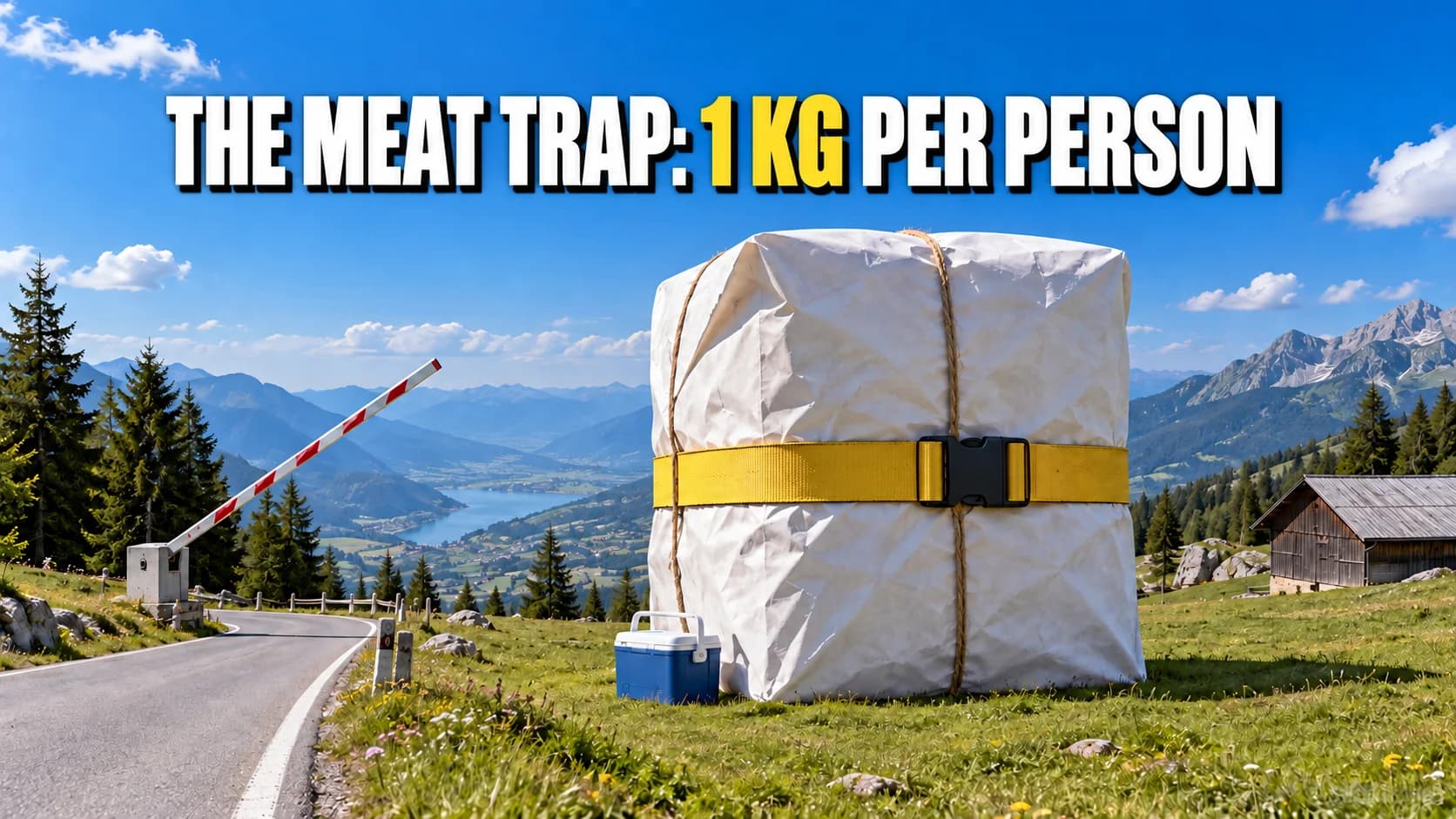 Giant white paper parcel with a yellow strap in an Alpine meadow near a raised barrier.