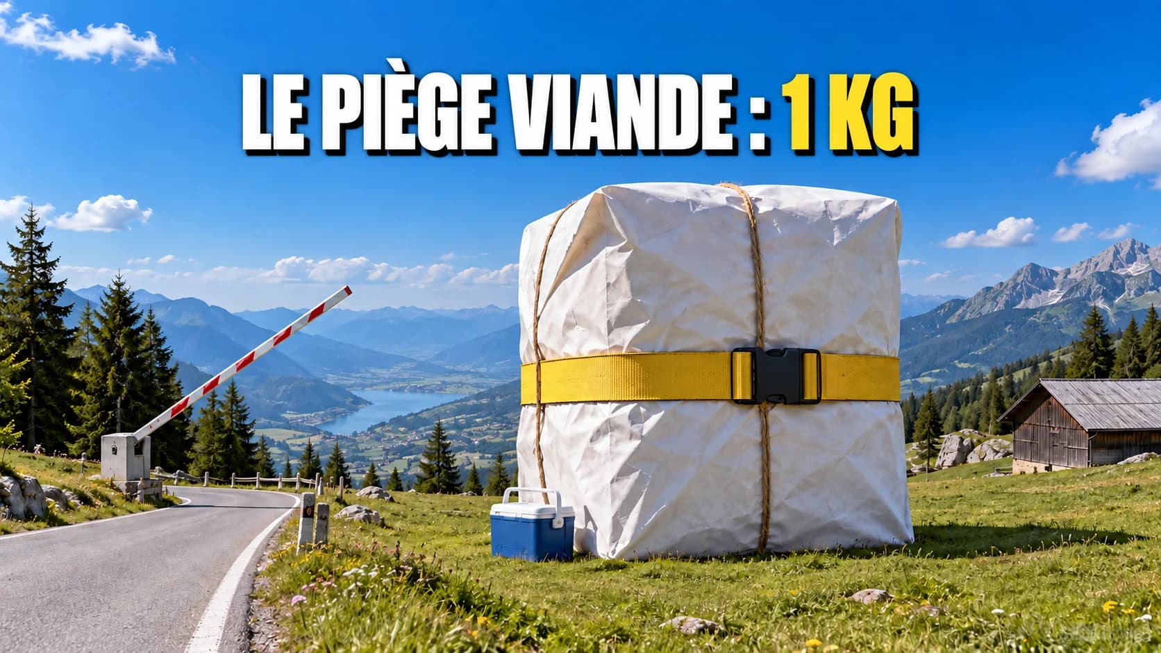 Paquet géant en papier blanc avec une sangle jaune dans un pré alpin, près d’une barrière levée.