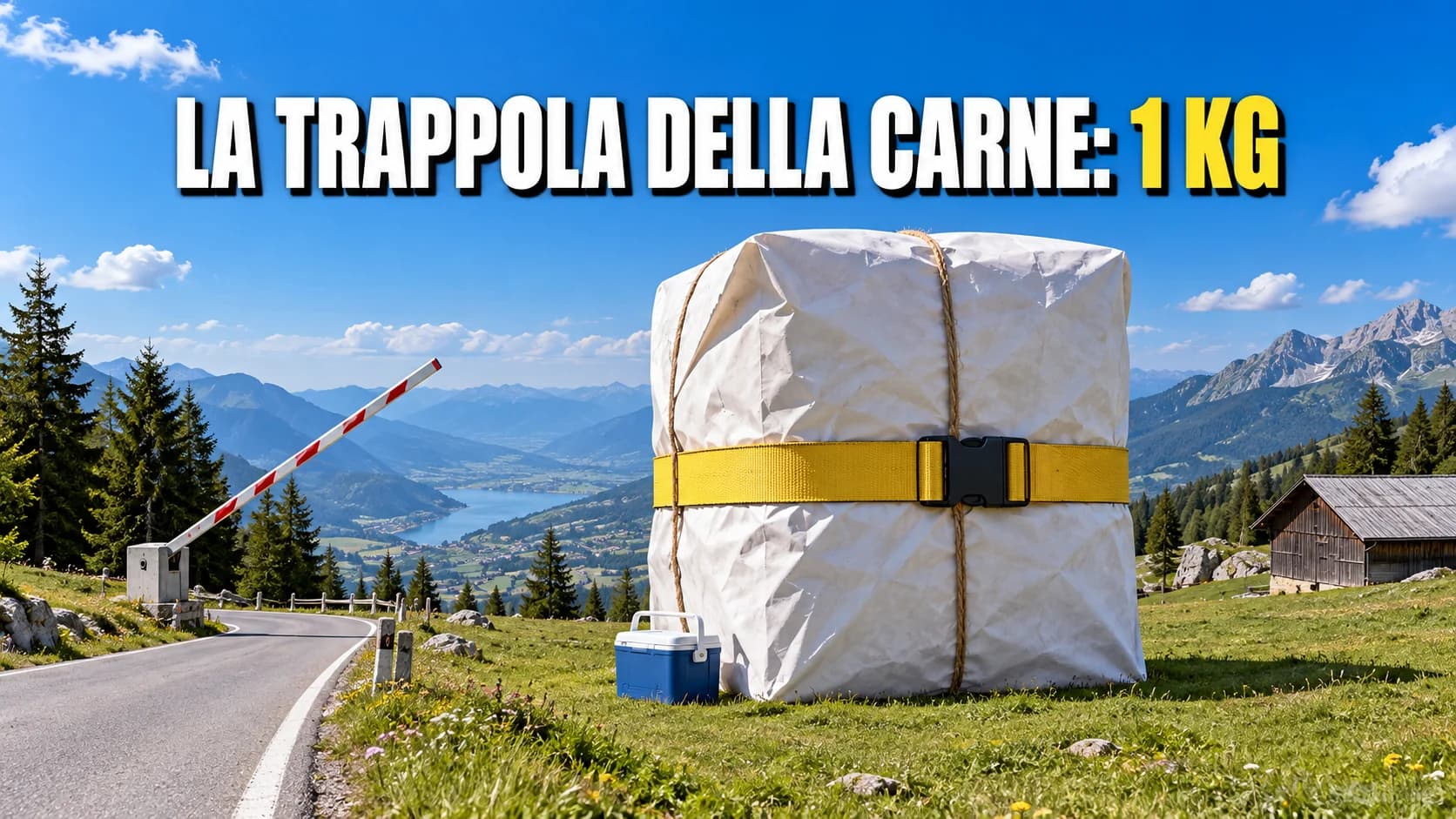 Prato alpino con un gigantesco pacco di carta bianca legato con spago e una cinghia gialla, strada e sbarra alzata sullo sfondo.