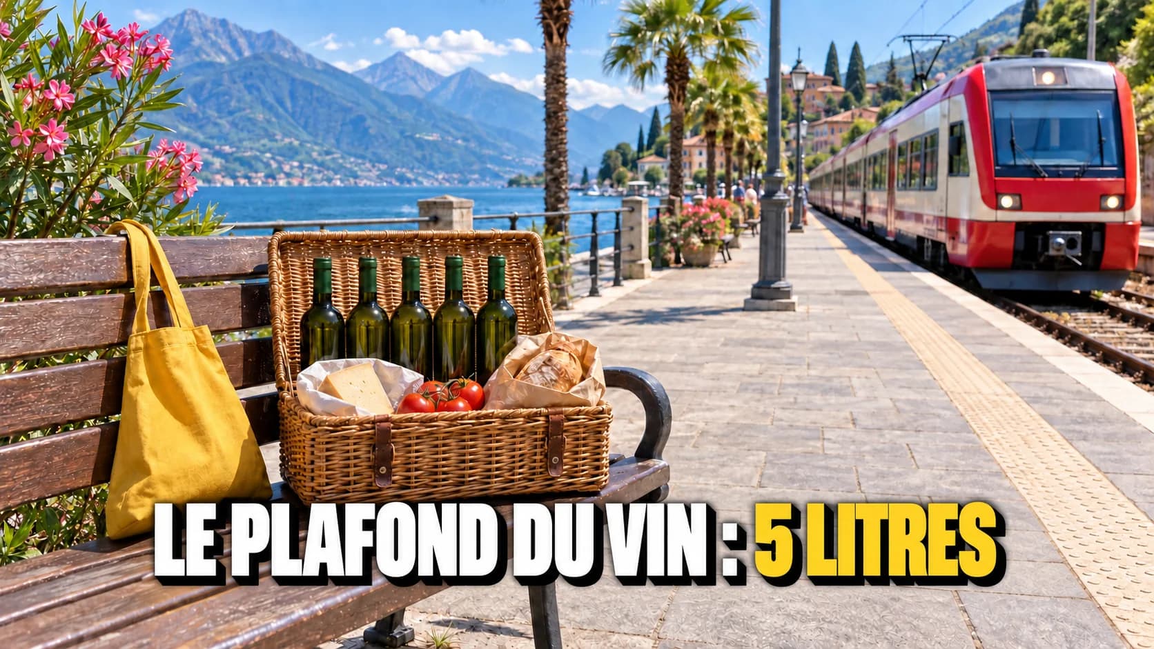 Promenade au bord du lac avec un train régional et un panier de bouteilles sans étiquette sur un banc.