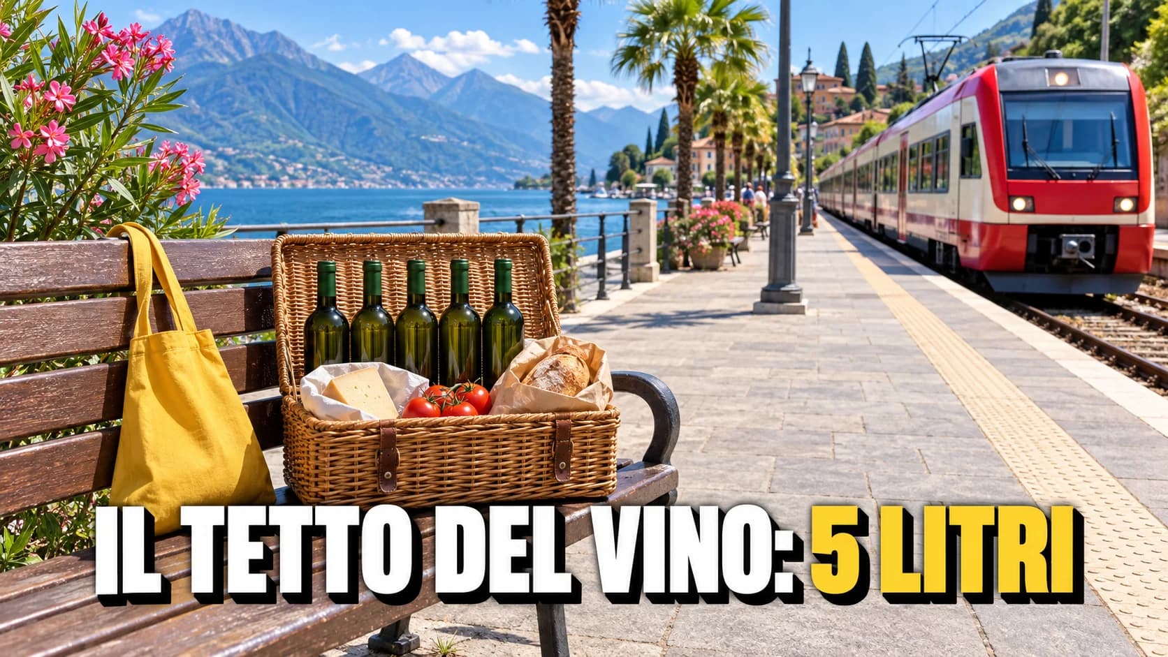 Passeggiata sul lago con un treno regionale in arrivo e un cesto di vimini con cinque bottiglie di vino senza etichetta su una panchina.