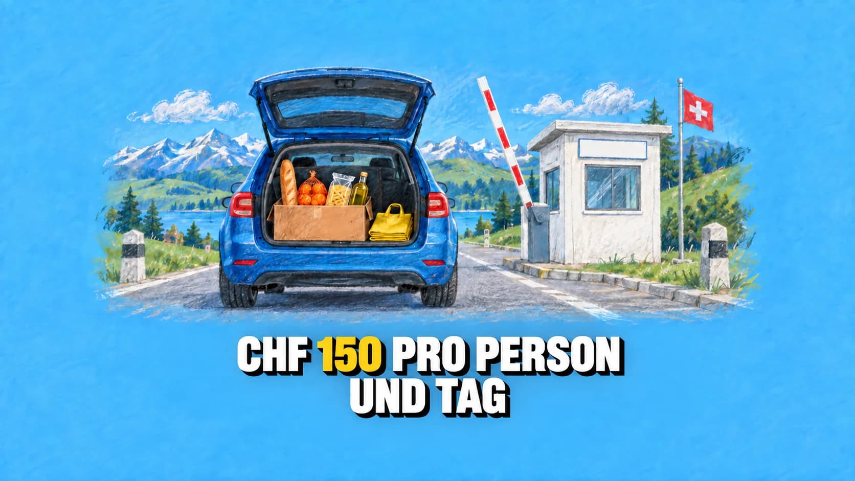 Pastellbild eines Autos mit Lebensmitteln im Kofferraum am Schweizer Zoll.
