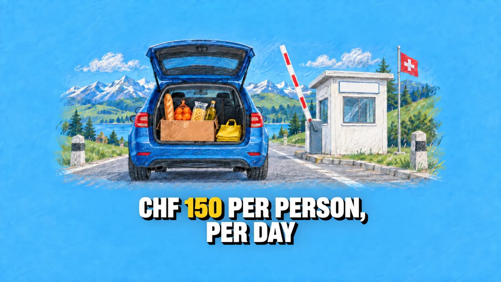 Pastel of a car with groceries in its boot at a Swiss customs post.