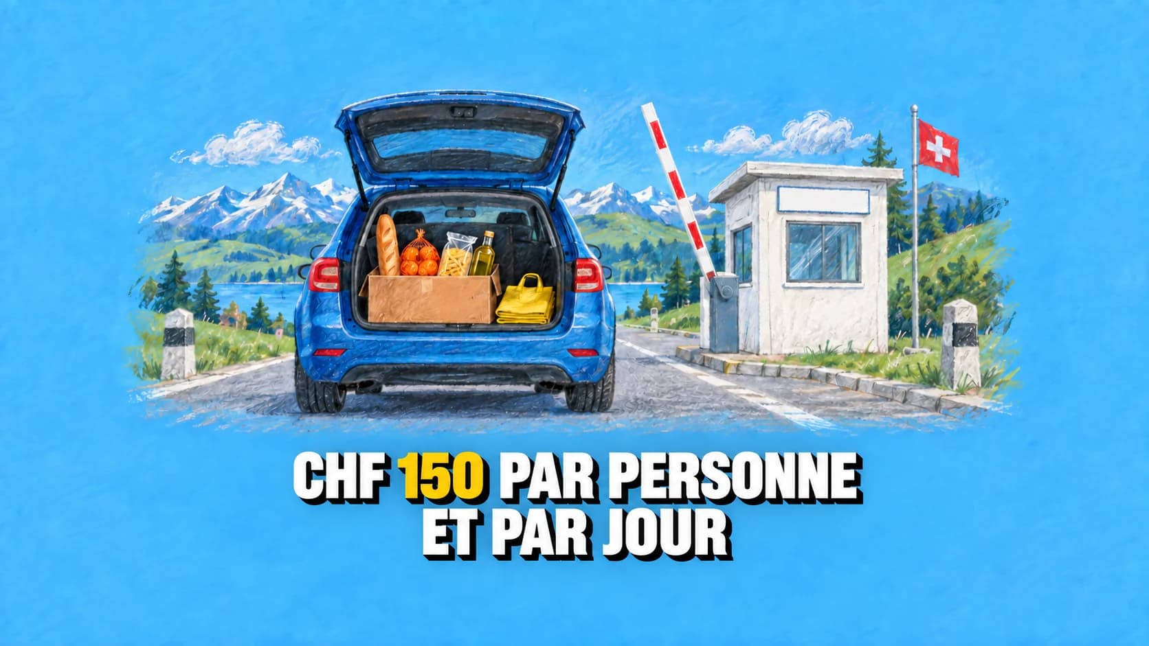 Pastel d’une voiture avec des provisions dans le coffre à une douane suisse.