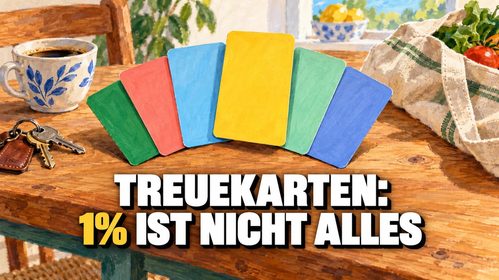 Gouache-Illustration unbeschrifteter Karten auf einem Holztisch, eine gelbe Karte liegt darüber.