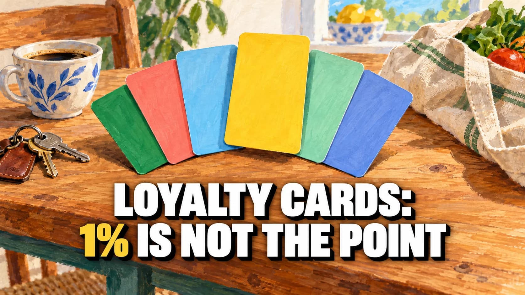 Gouache illustration of blank cards on a wooden table, with a yellow card raised above them.
