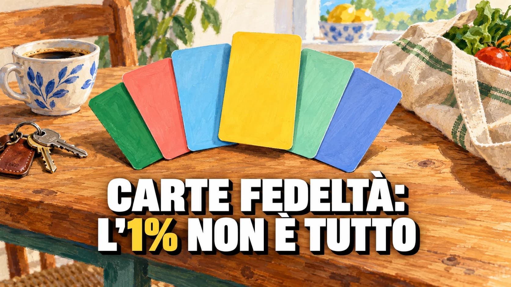 Illustrazione a gouache di sei tessere senza scritte aperte a ventaglio su un tavolo di legno, una gialla sollevata sopra le altre.