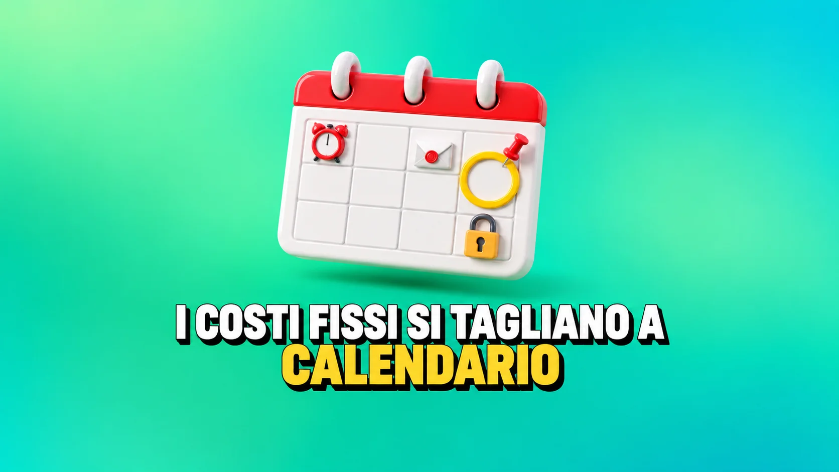 Calendario vuoto, orologio e icone domestiche tridimensionali su fondo verde.
